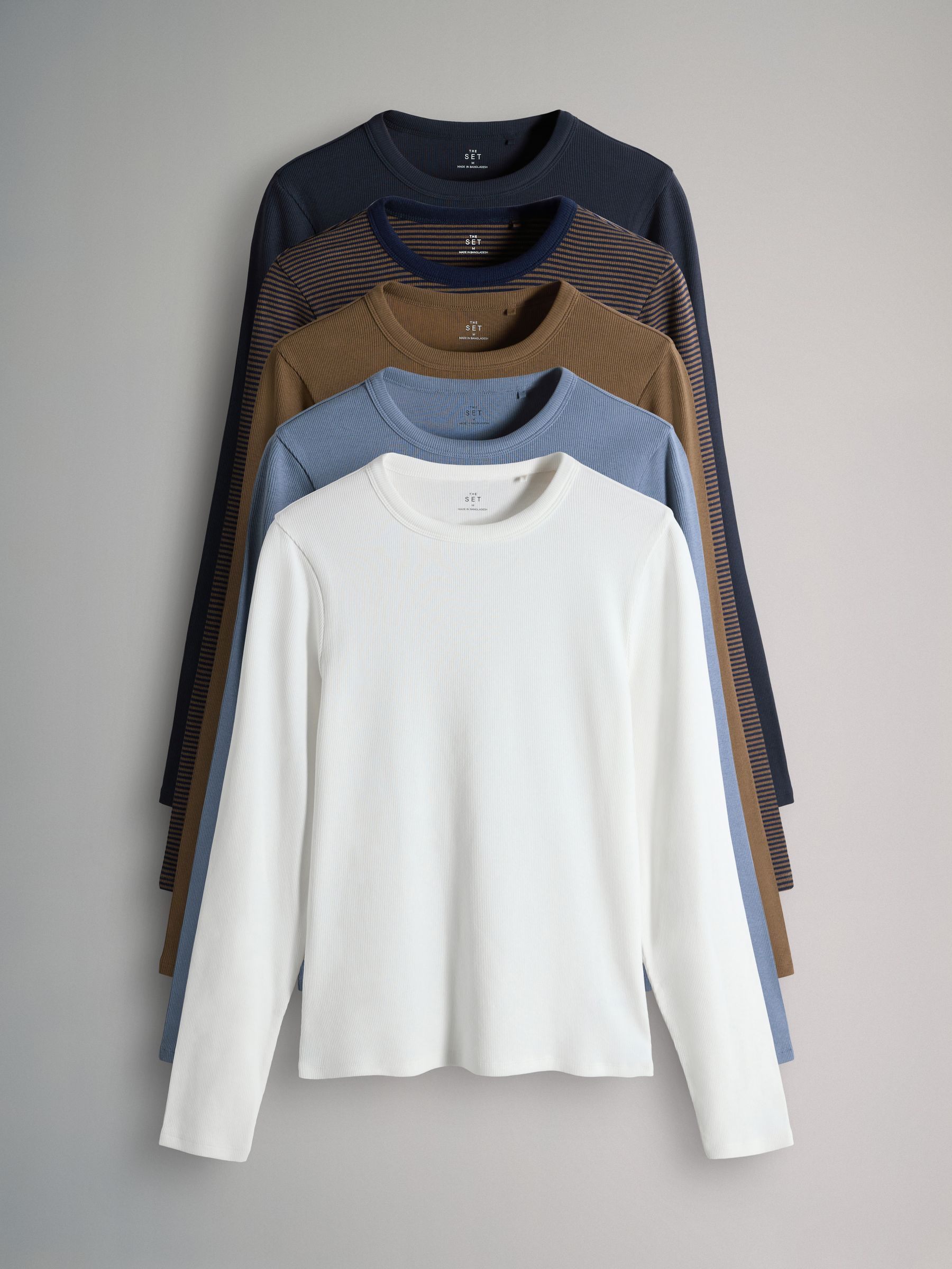 Cream/Navy/Light Blue/Brown/Stripe - 5 Pack Ribbed Long Sleeve T-Shirts - Image 1 of 8