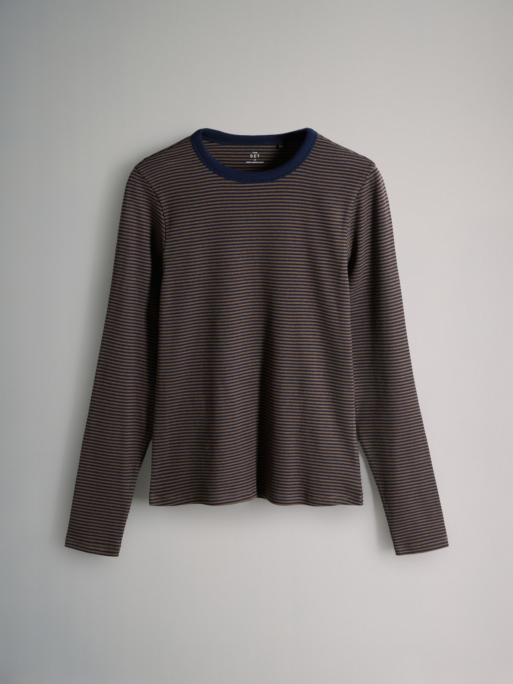 Cream/Navy/Light Blue/Brown/Stripe - 5 Pack Ribbed Long Sleeve T-Shirts - Image 5 of 8