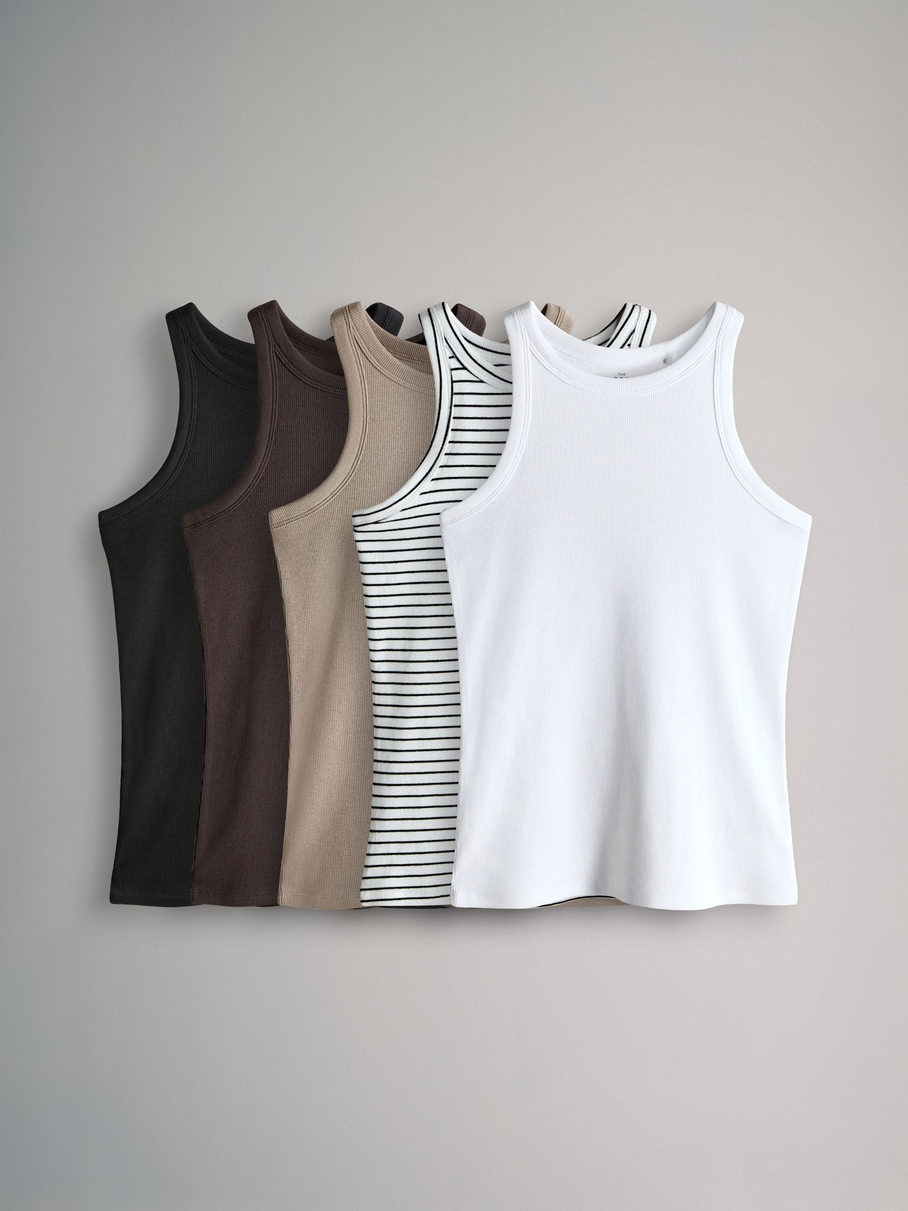 Black/Chocolate Brown/Taupe Brown/Stipe/White - 5 Pack Racer Ribbed Vests - Image 1 of 8