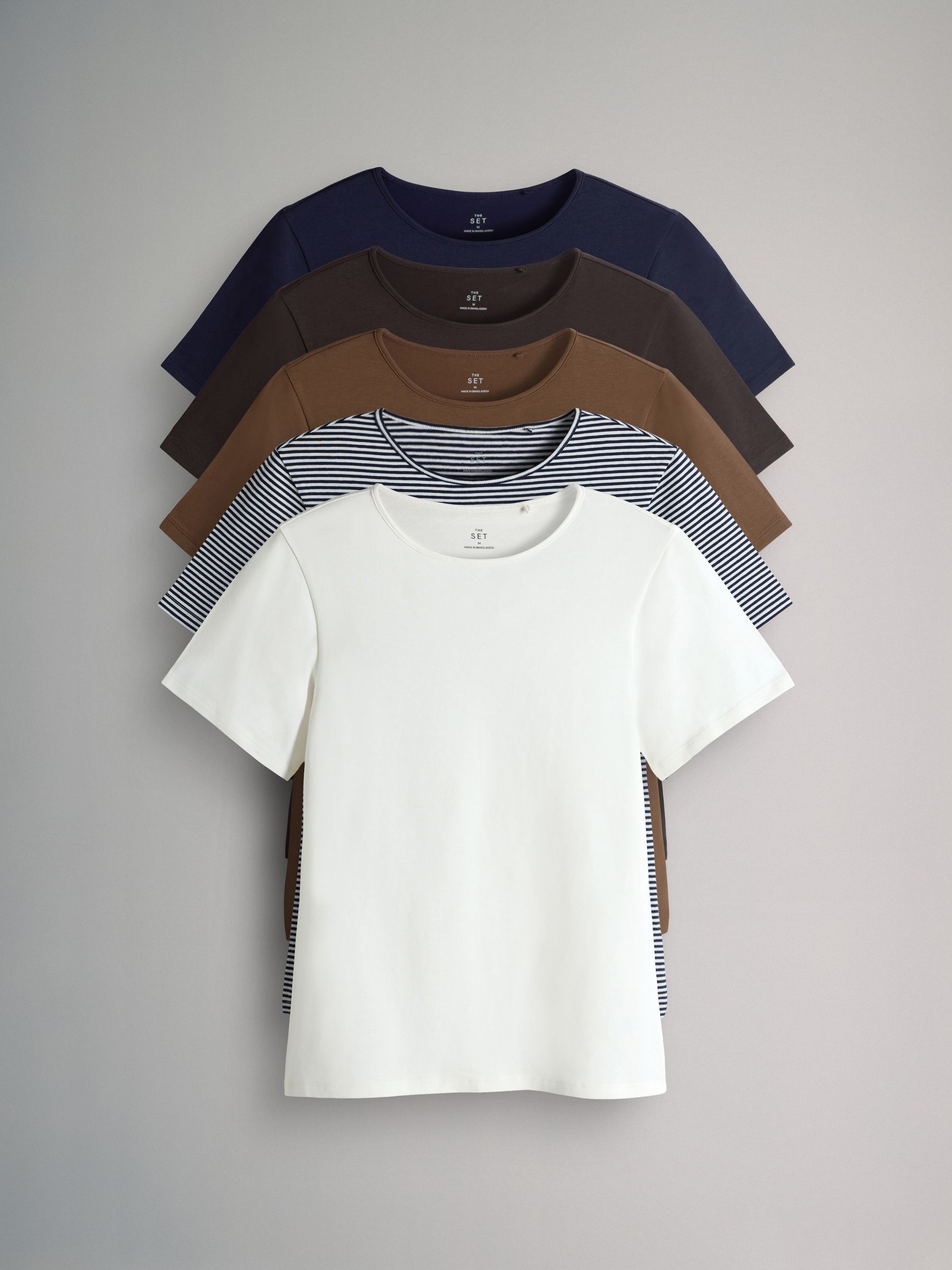 Navy/Chocolate Brown/Brown/Stripe/White - 5 Pack Short Sleeve Fitted Crew Neck T-Shirts - Image 1 of 8 Navy/Chocolate Brown/Brown/Stripe/White - 5 Pack Short Sleeve Fitted Crew Neck T-Shirts - Image 1 of 8