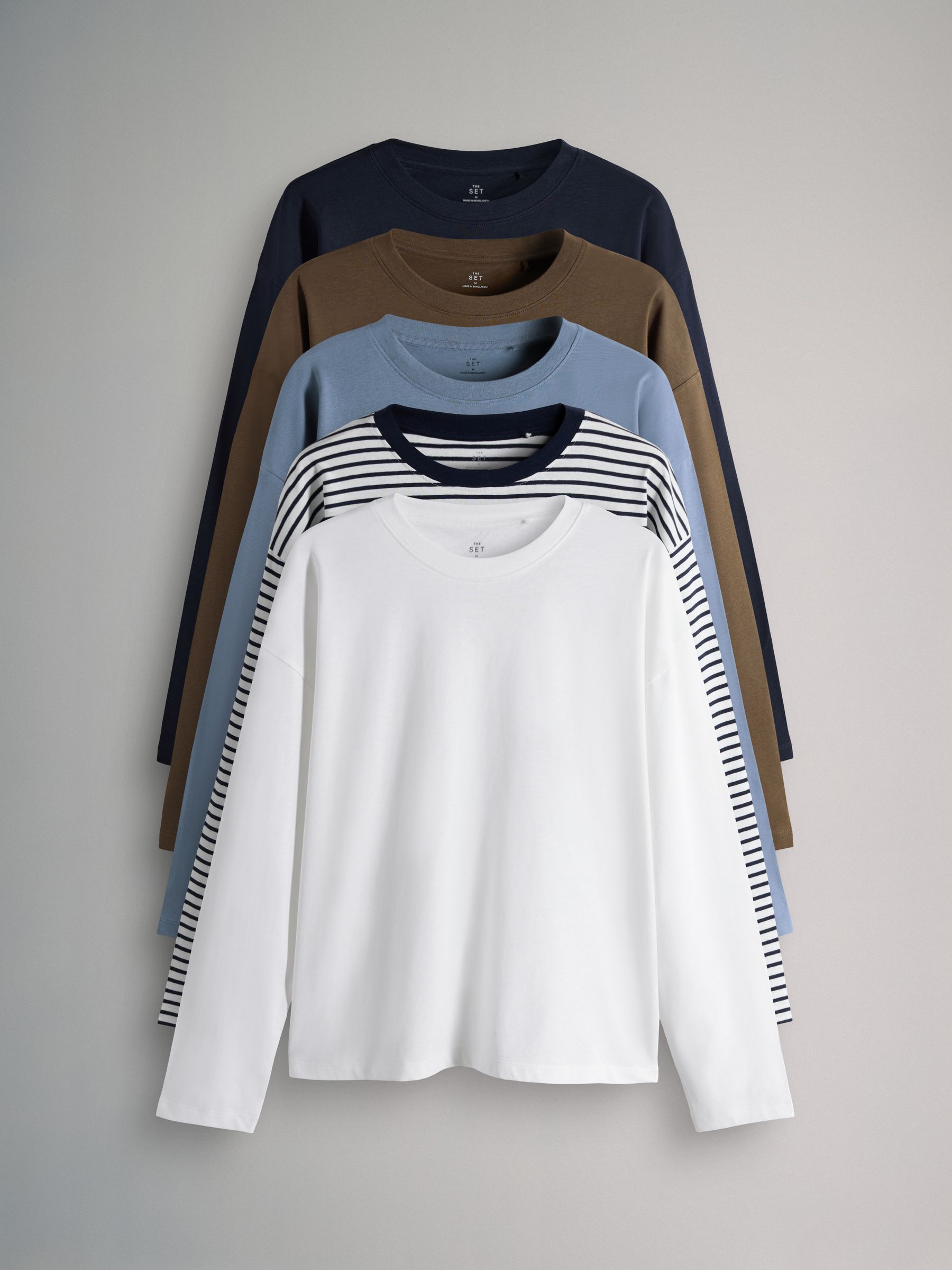 Navy/White/Brown/Light Blue/Stripe - 5 Pack Relaxed Long Sleeved T-Shirts - Image 1 of 8