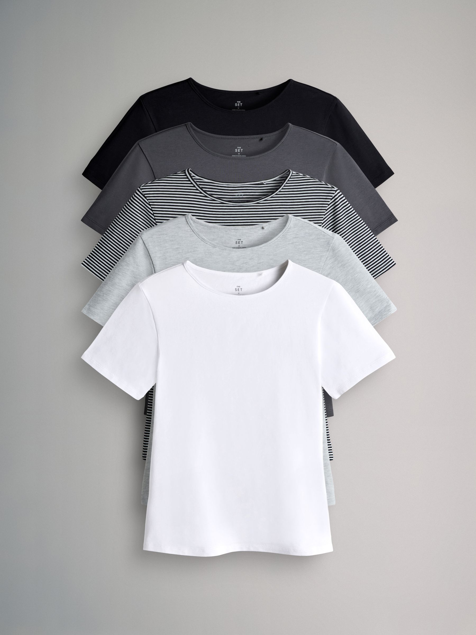 White/Black/Charcoal/Grey Marl/Stripe - 5 Pack Short Sleeve Fitted Crew Neck T-Shirts - Image 1 of 7 White/Black/Charcoal/Grey Marl/Stripe - 5 Pack Short Sleeve Fitted Crew Neck T-Shirts - Image 1 of 7
