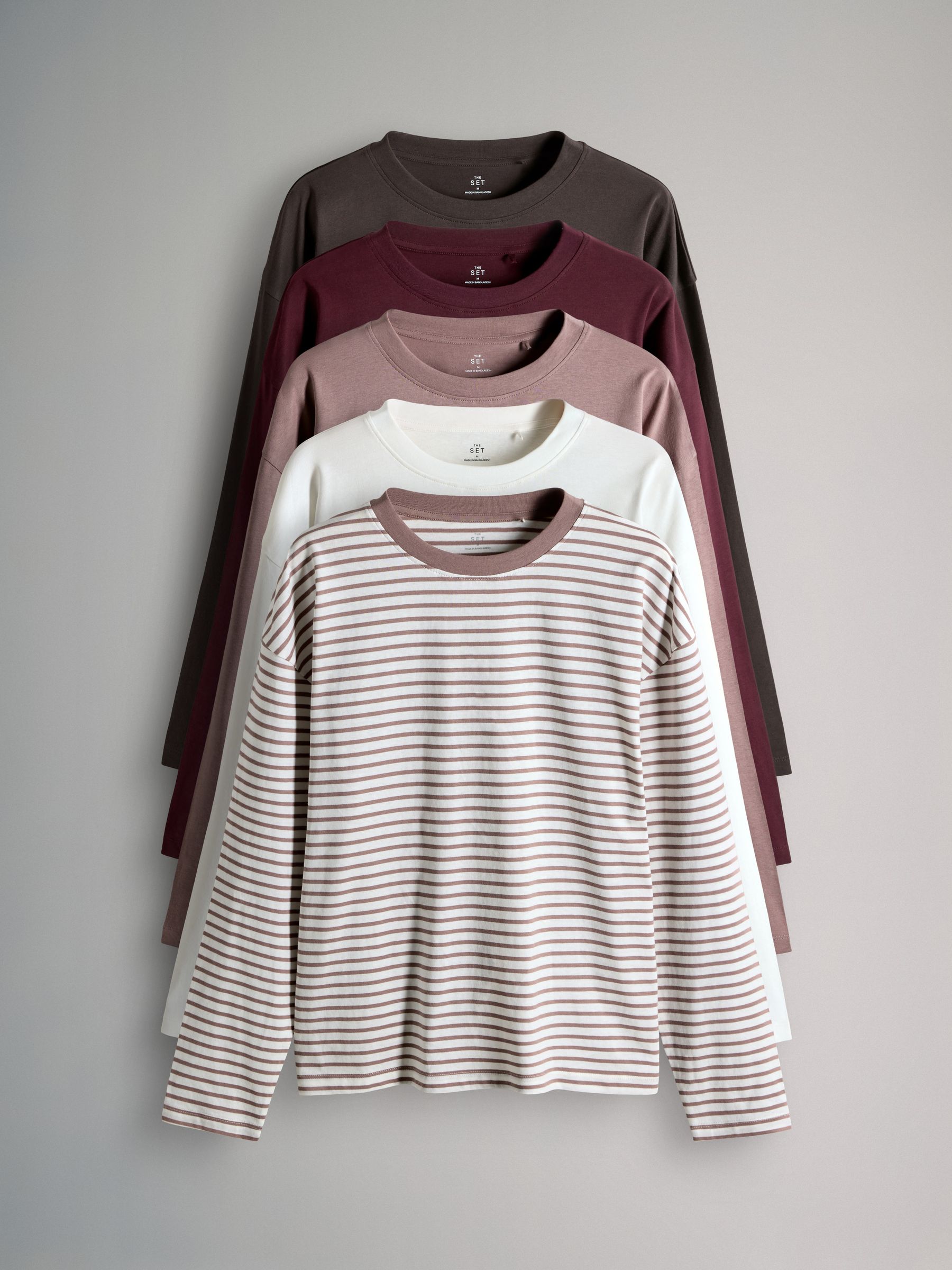 Chocolate Brown/Berry/Mid Pink/Stripe/Cream - 5 Pack Relaxed Long Sleeved T-Shirts - Image 1 of 8