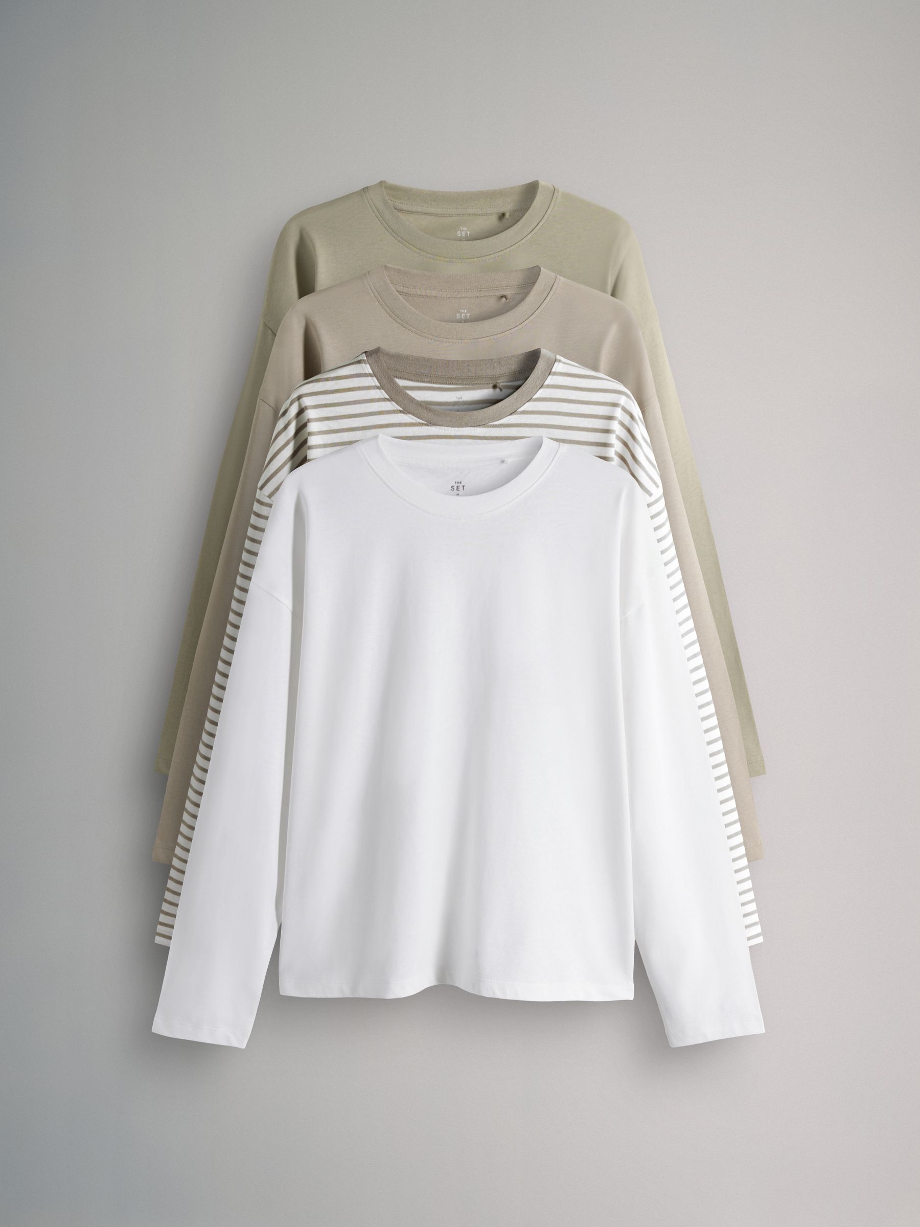 Khaki Green/Taupe Brown/Stripe/Cream - 4 Pack Relaxed Long Sleeve T-Shirts - Image 1 of 7