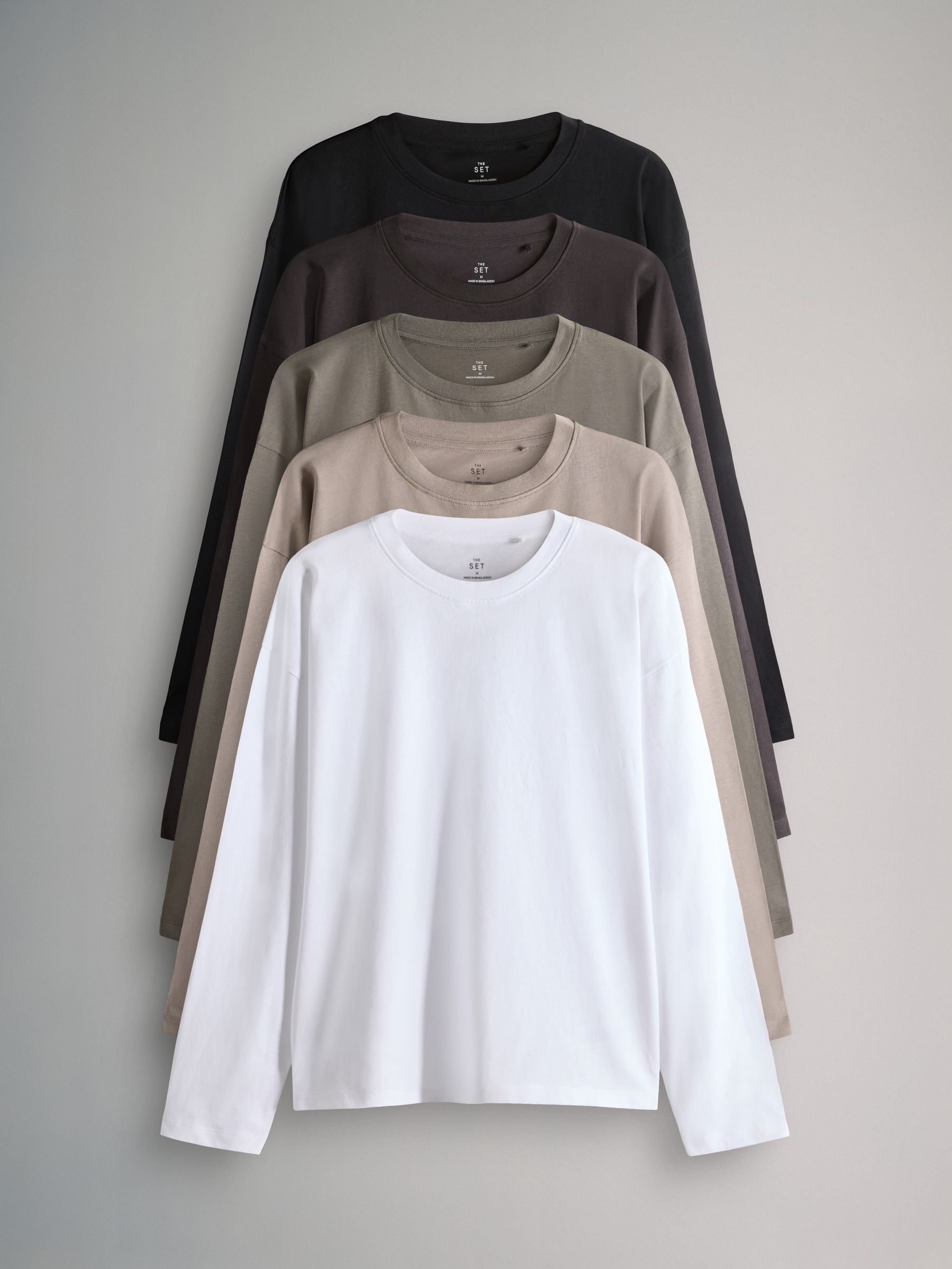 Black/Chocolate Brown/Taupe Brown/Neutral/White - 5 Pack Relaxed Long Sleeved T-Shirts - Image 1 of 8