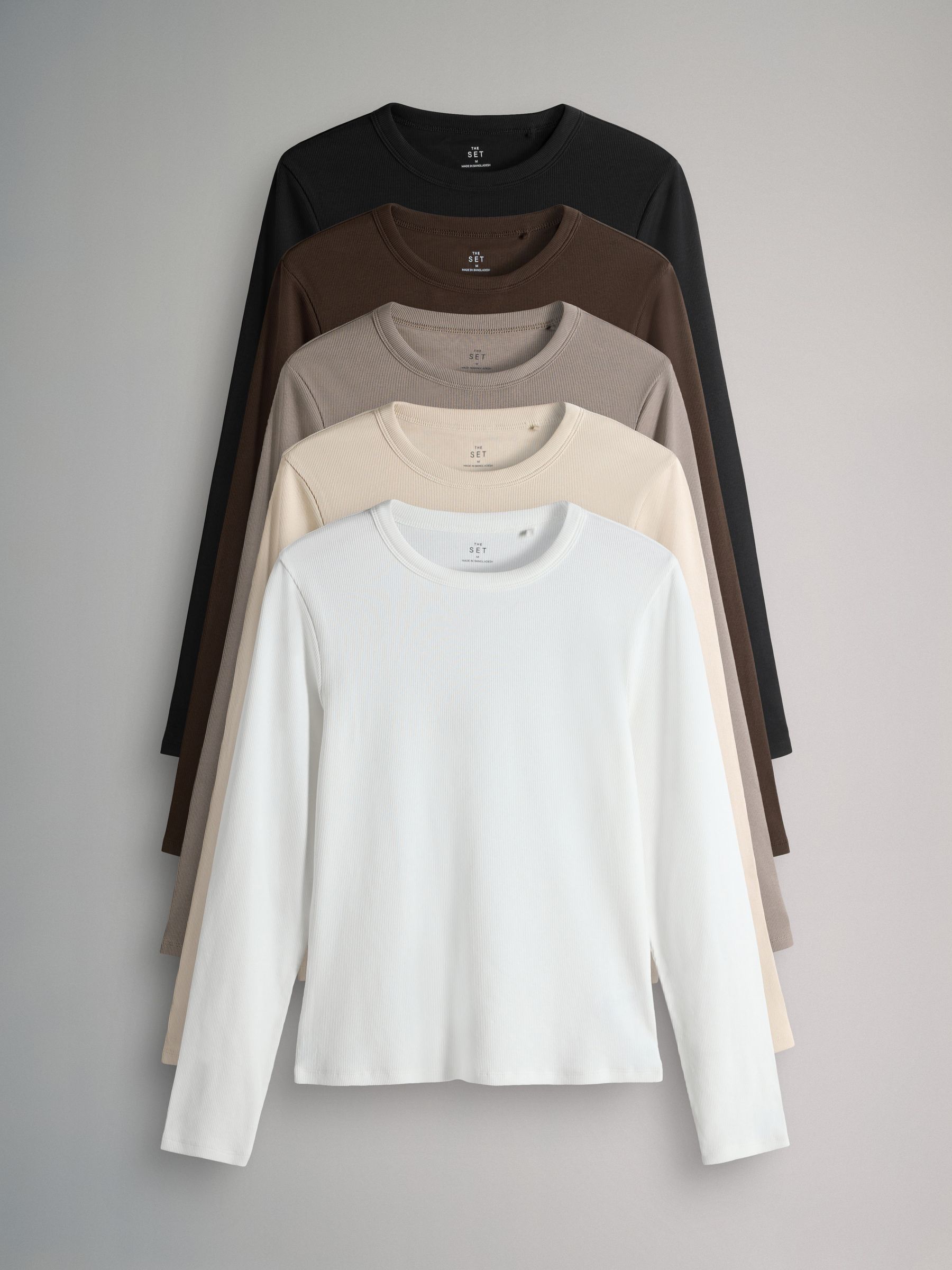 Black/Chocolate Brown/Taupe Brown/Nude/White - 5 Pack Ribbed Long Sleeve T-Shirts - Image 1 of 8