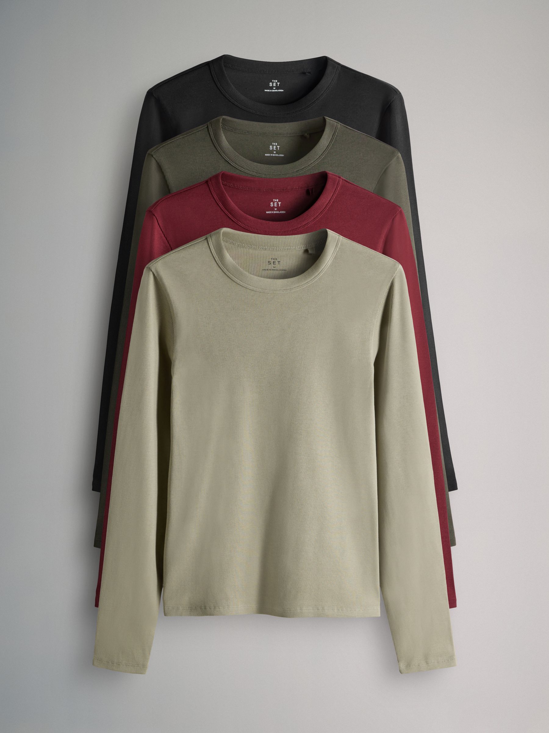 Black/Berry/Khaki/Neutral - 4 Pack Long Sleeve Ribbed T-Shirts - Image 1 of 7