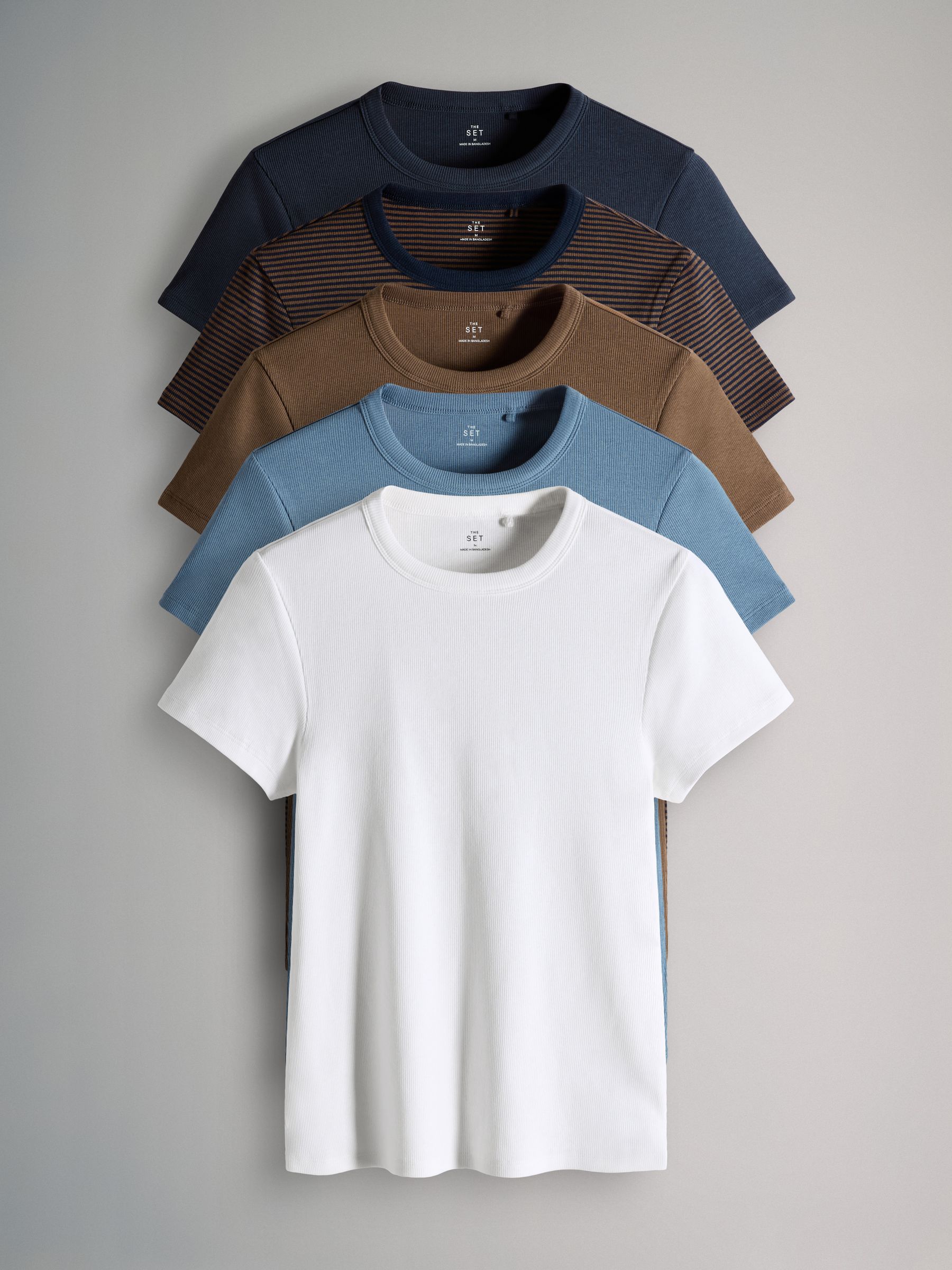 Cream/Navy/Light Blue/Brown/Stripe - 5 Pack Short Sleeve Ribbed T-Shirts - Image 1 of 7