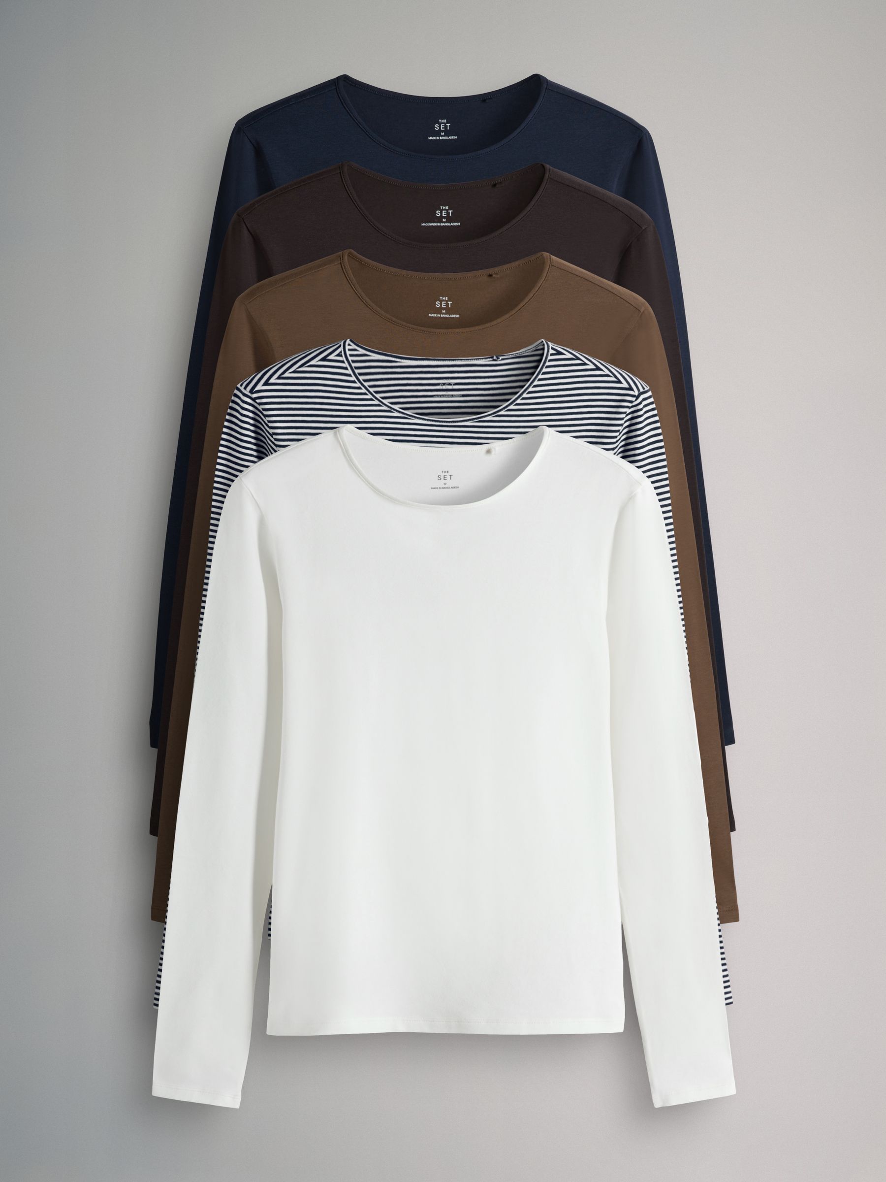 Cream/Navy/Light Blue/Brown/Chocolate Brown - 5 Pack Long Sleeve Crew Neck T-Shirts - Image 1 of 8