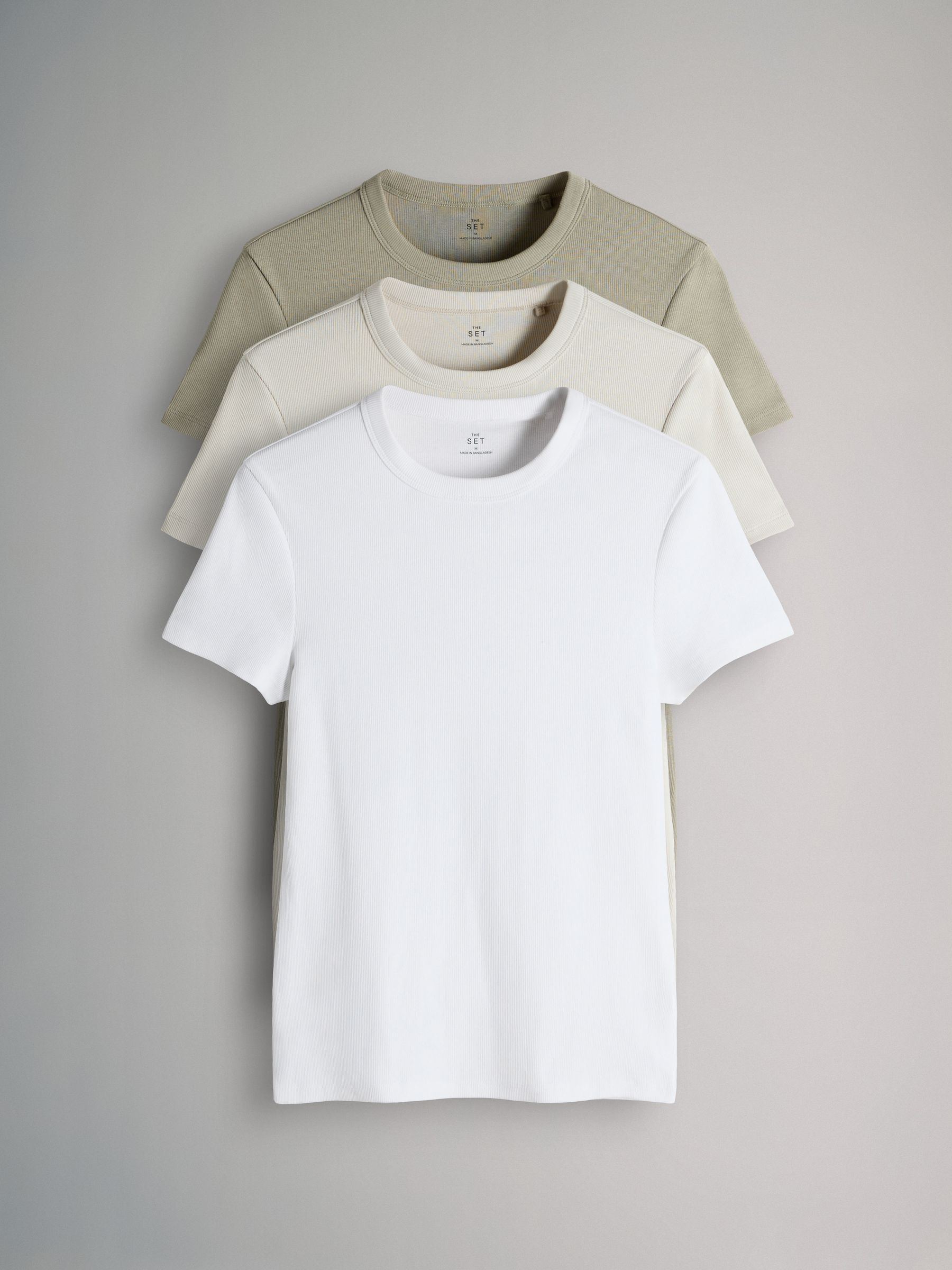 Light Khaki/Warm Stone/White - 3 Pack Short Sleeve Ribbed T-Shirts - Image 1 of 6
