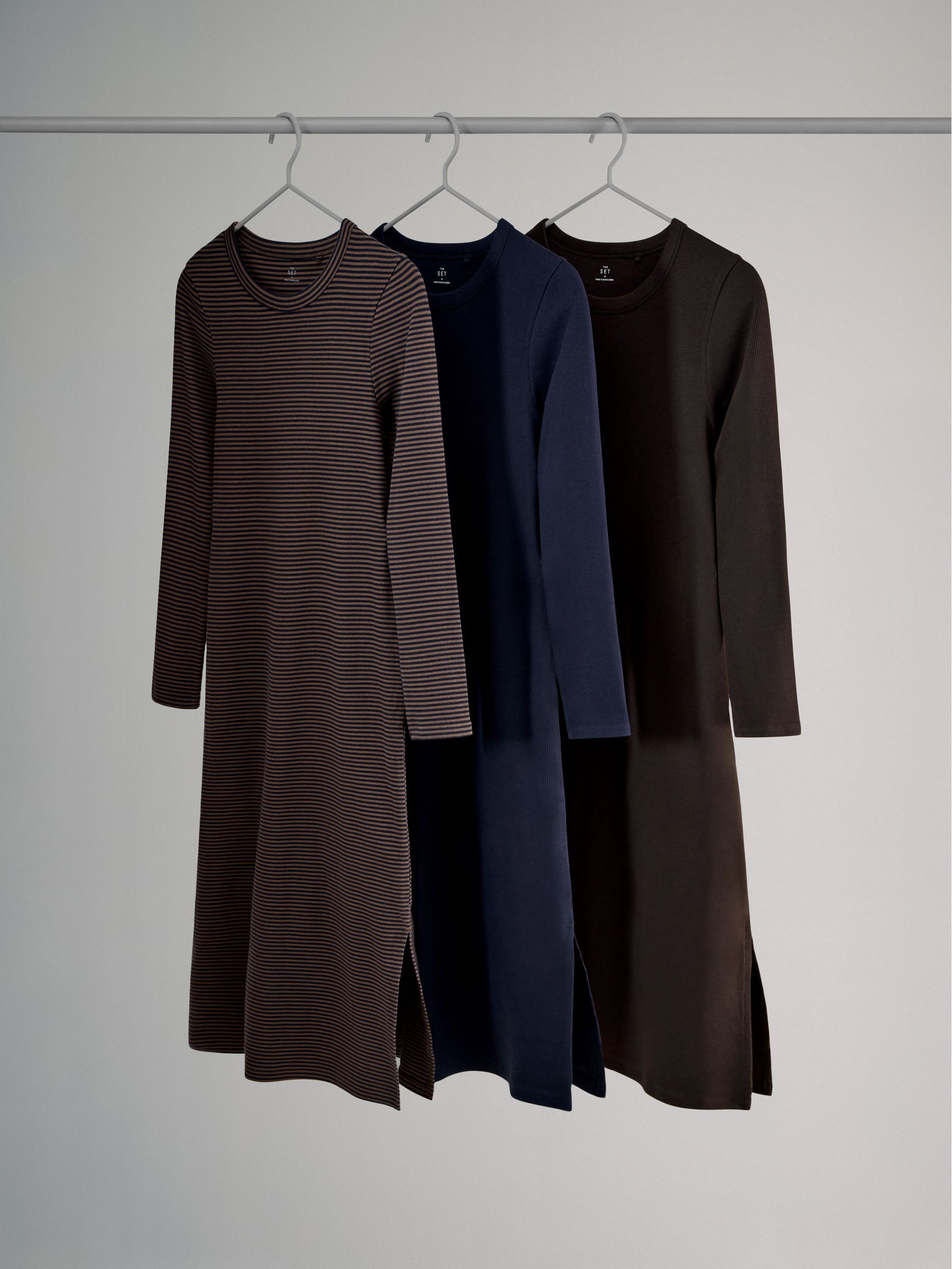 Blue/Brown/Stripe - 3 Pack Ribbed Long Sleeve Midi Dress - Image 1 of 3