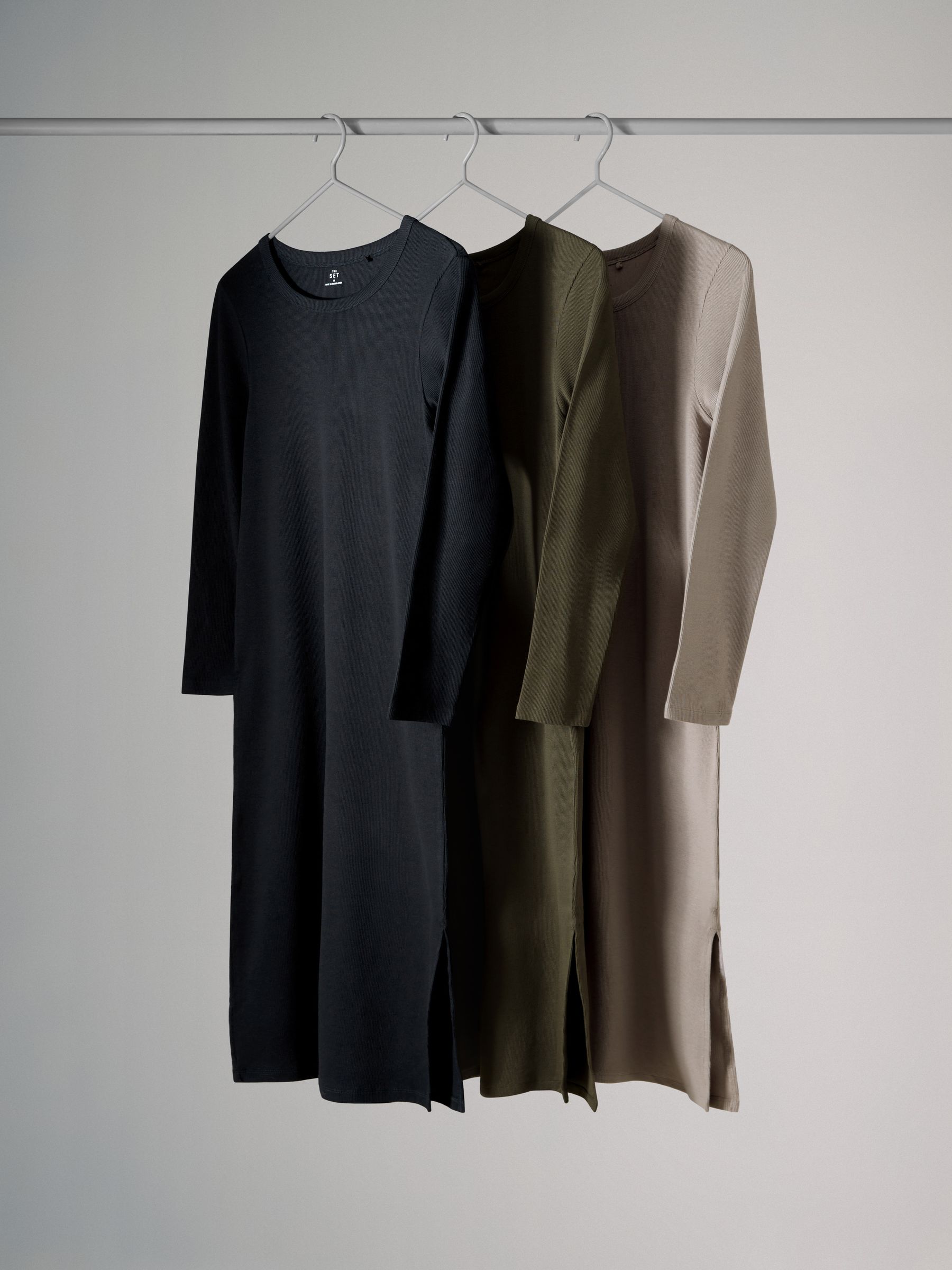 Black/Khaki/Neutral - 3 Pack Ribbed Long Sleeve Midi Dress - Image 1 of 3