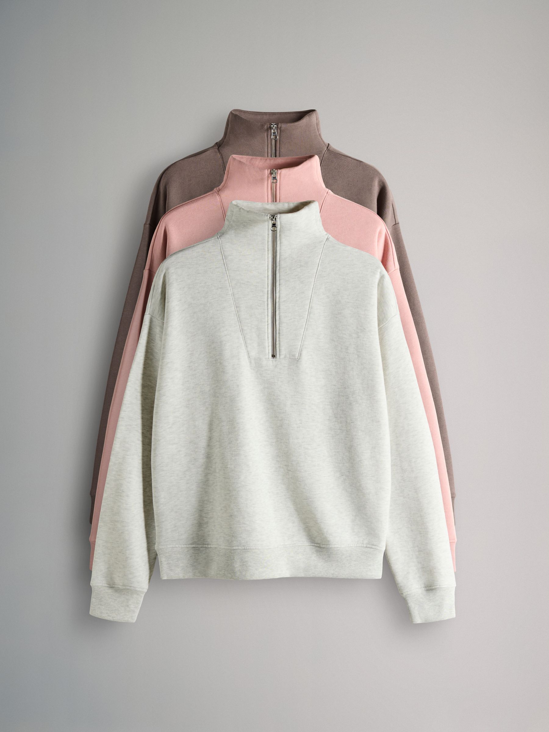 Taupe Brown/Pink/Grey Marl - 3 Pack Quarter Zip Sweatshirts - Image 1 of 13