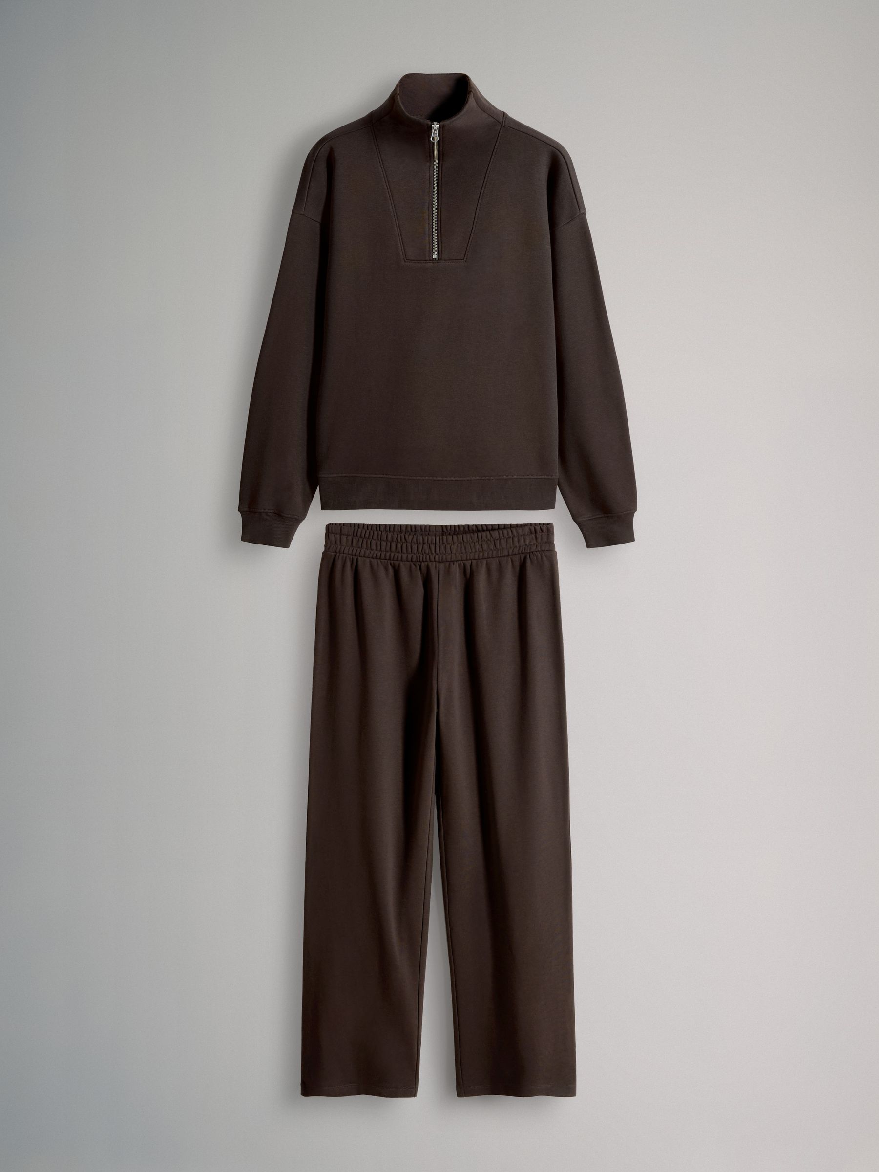 Brown - Half Zip Funnel Neck Sweatshirt and Wide Leg Joggers Set - Image 1 of 5