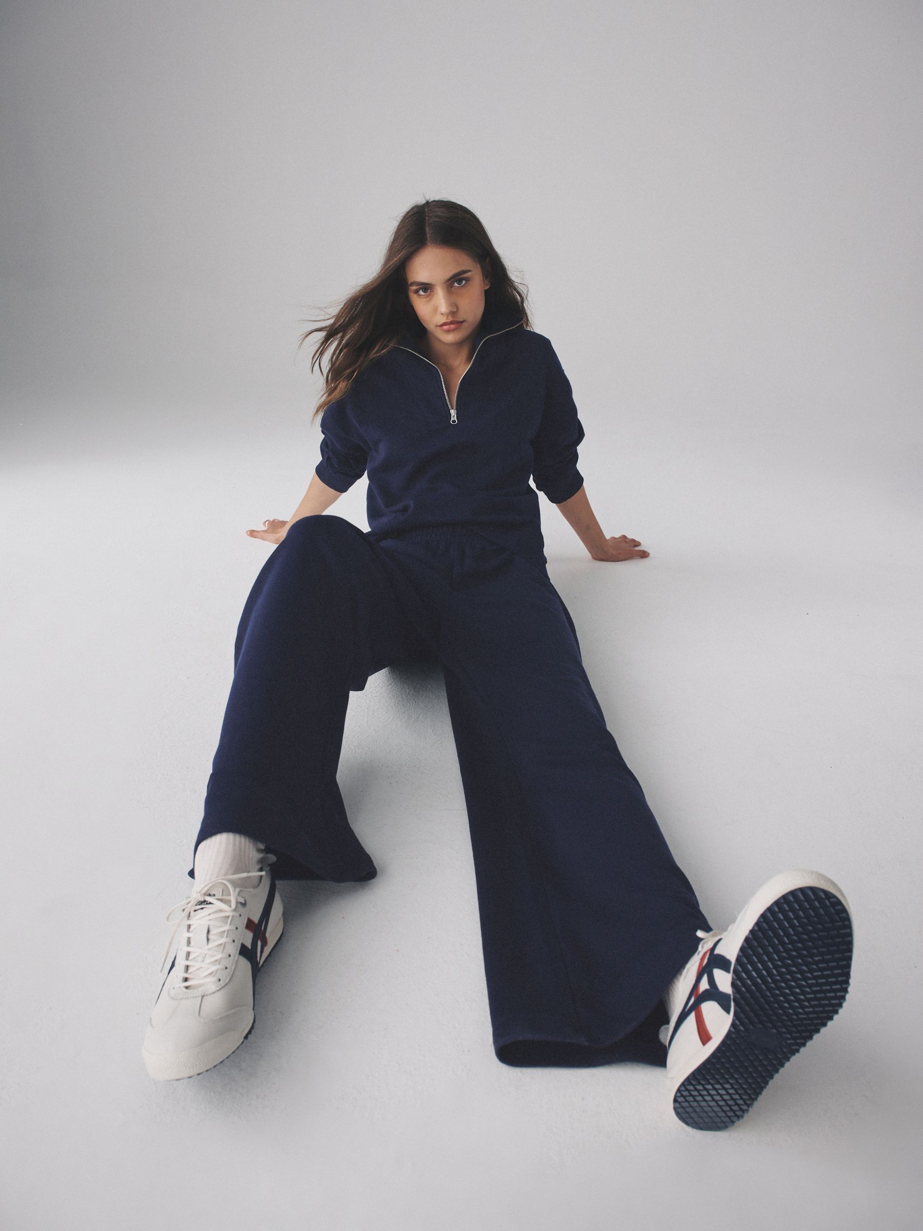 Navy - Half Zip Funnel Neck Sweatshirt and Wide Leg Joggers Set - Image 1 of 11