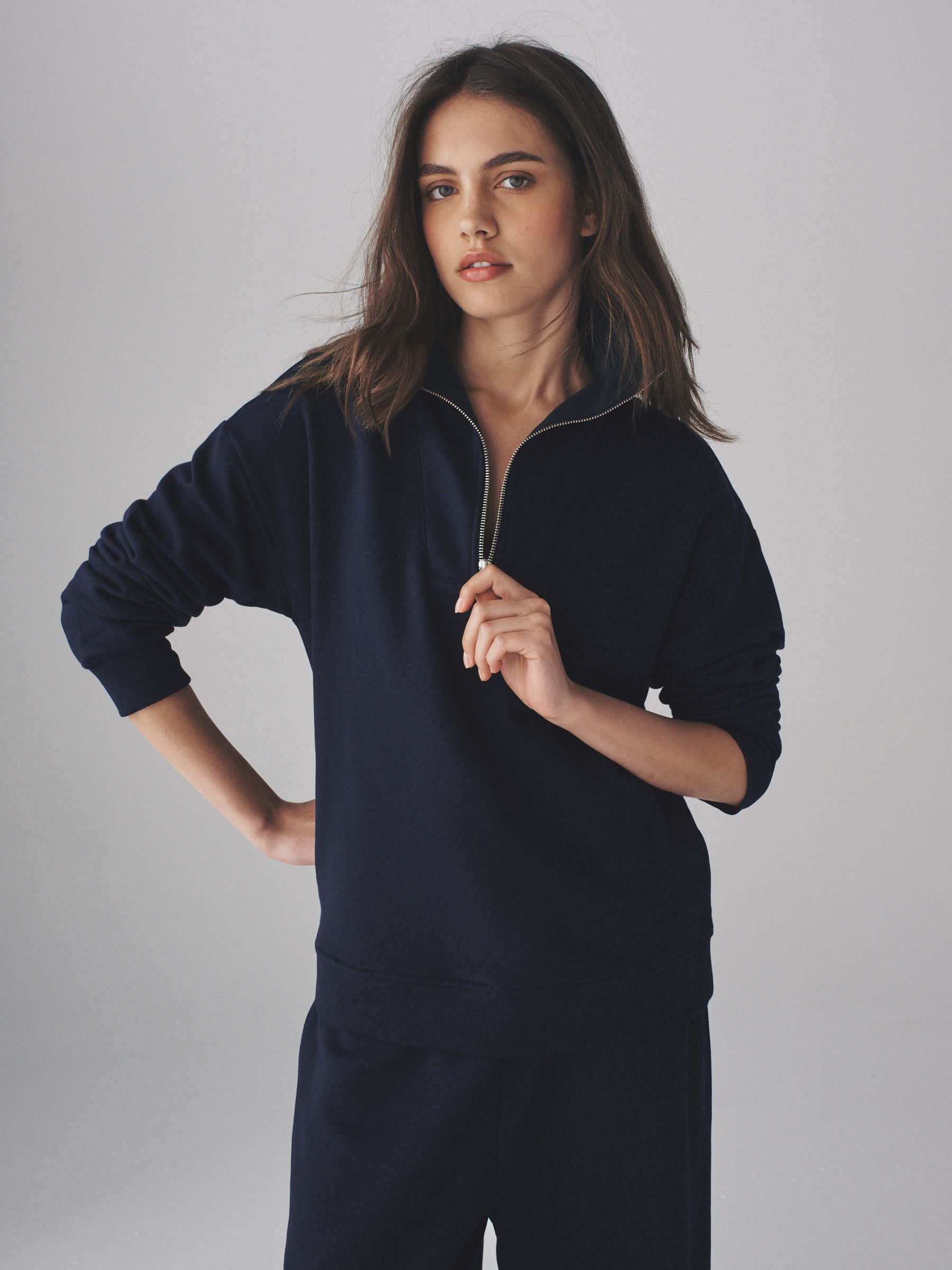 Navy - Half Zip Funnel Neck Sweatshirt and Wide Leg Joggers Set - Image 4 of 11