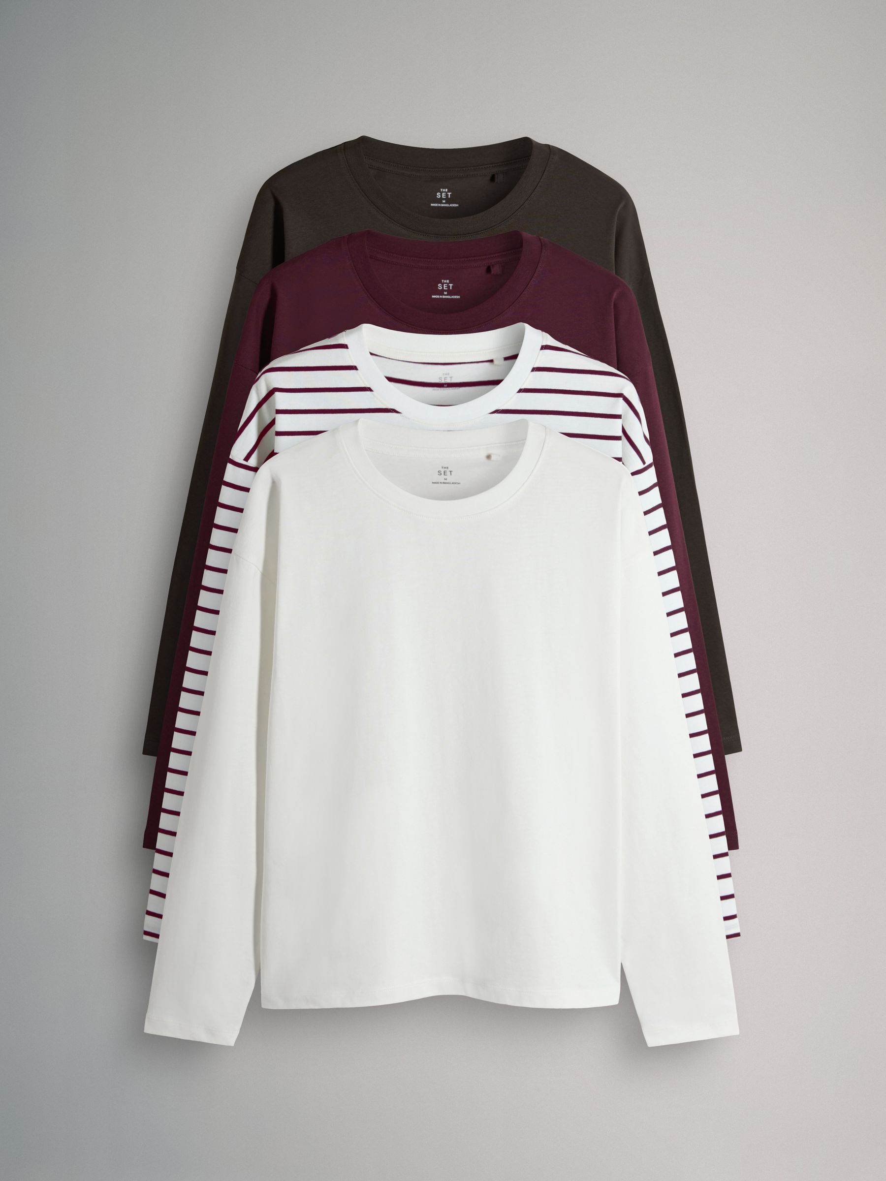 Chocolate Brown/Berry/Stripe/Cream - 4 Pack Heavyweight Relaxed Long Sleeve T-Shirts - Image 1 of 7