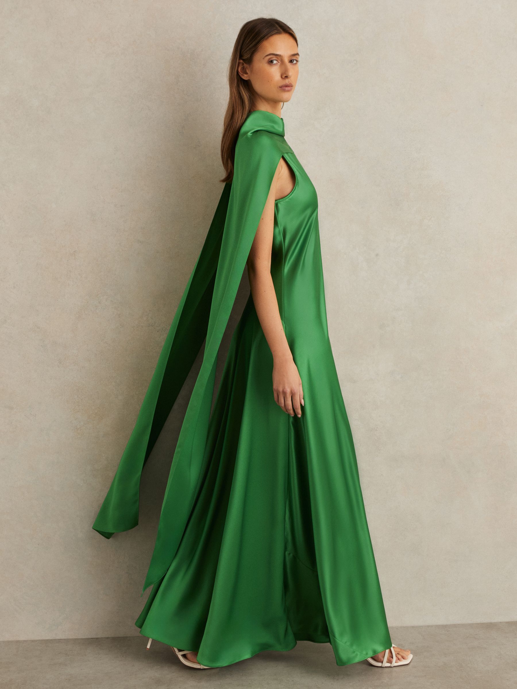 Petite Satin Cape Maxi Dress in Green - Image 1 of 8 Petite Satin Cape Maxi Dress in Green - Image 1 of 8