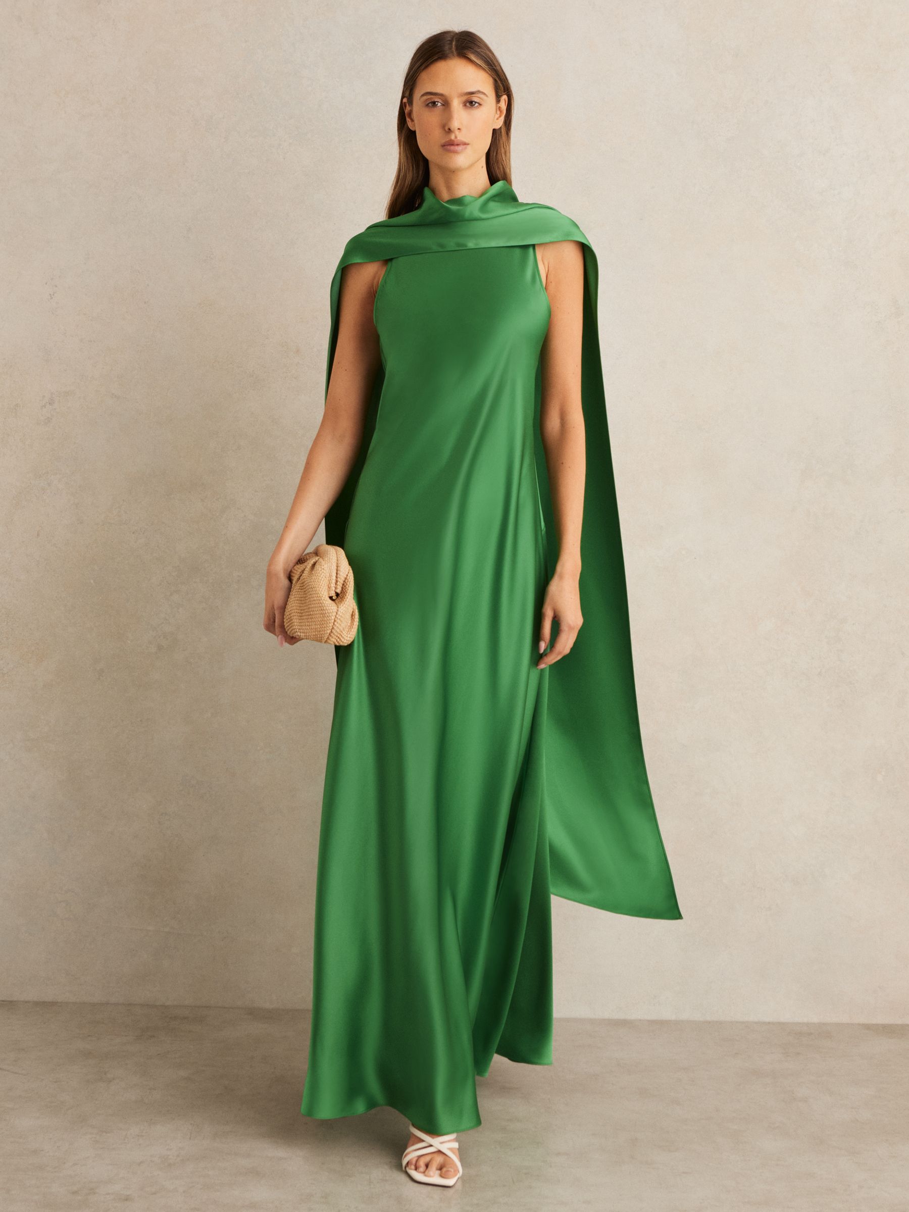 Petite Satin Cape Maxi Dress in Green - Image 3 of 8