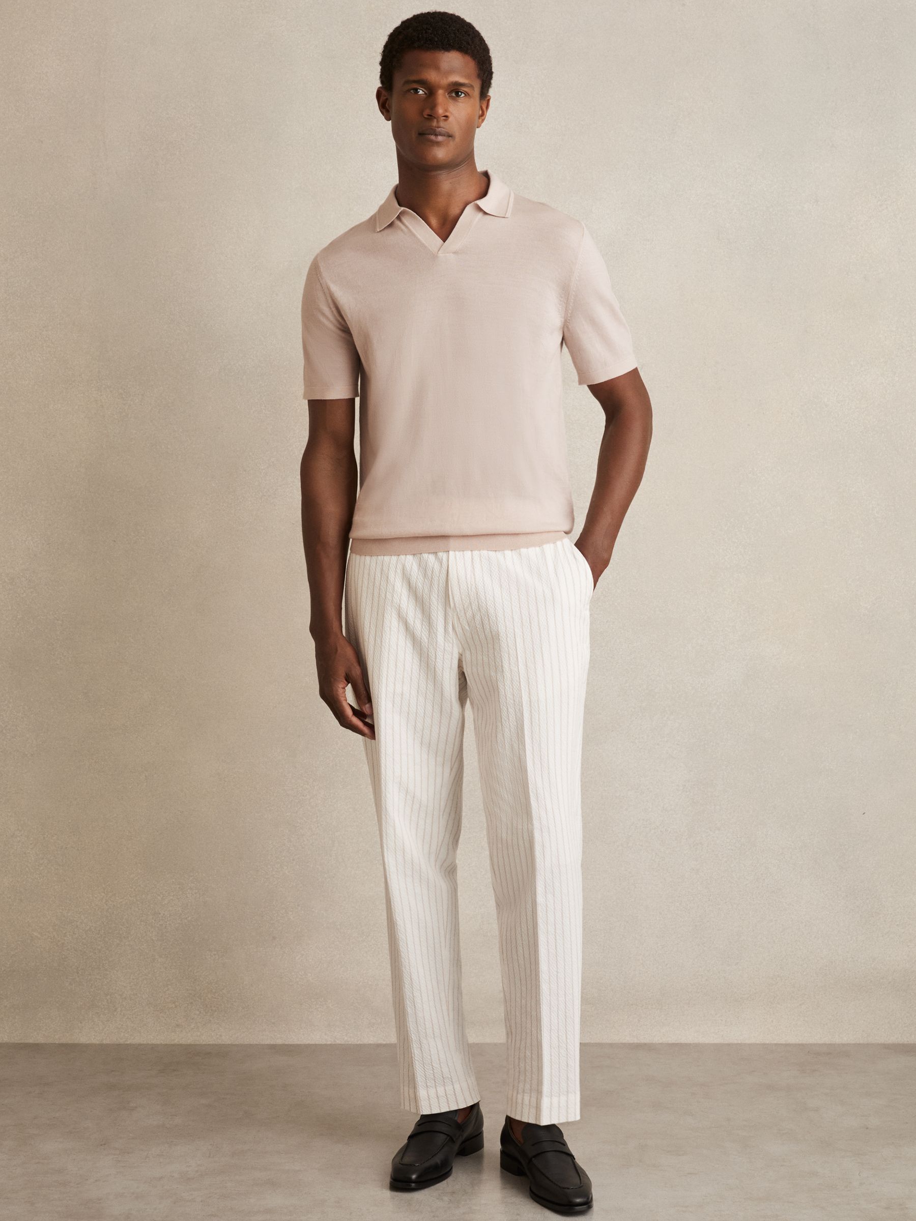 Merino Wool Open-Collar Polo Shirt in Beige - Image 1 of 6 Merino Wool Open-Collar Polo Shirt in Beige - Image 1 of 6