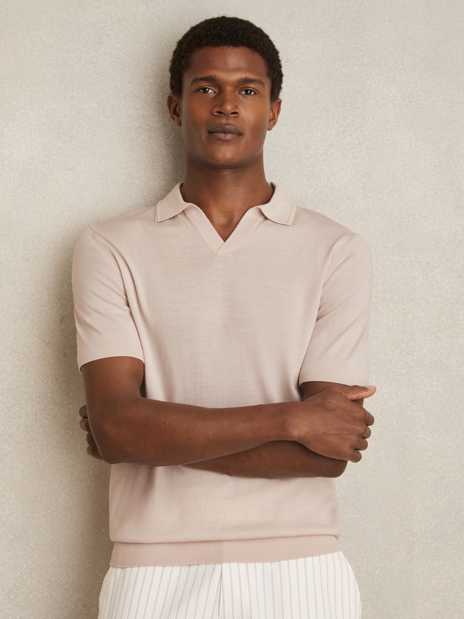 Merino Wool Open-Collar Polo Shirt in Beige - Image 3 of 6
