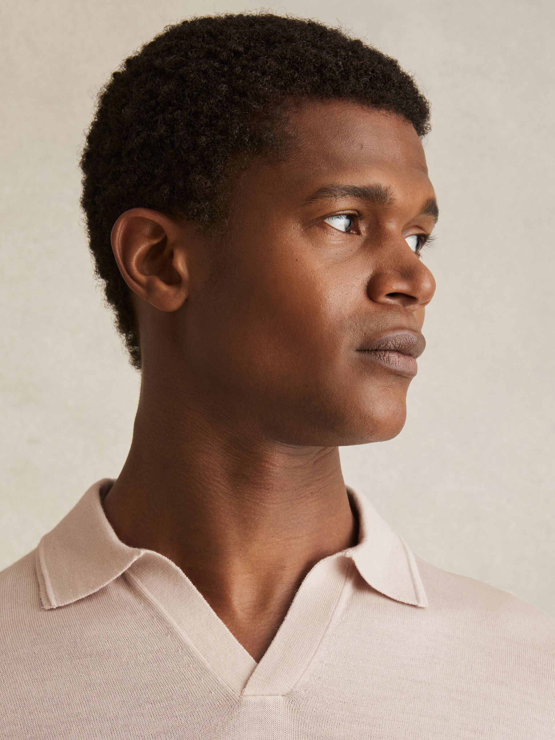 Merino Wool Open-Collar Polo Shirt in Beige - Image 4 of 6