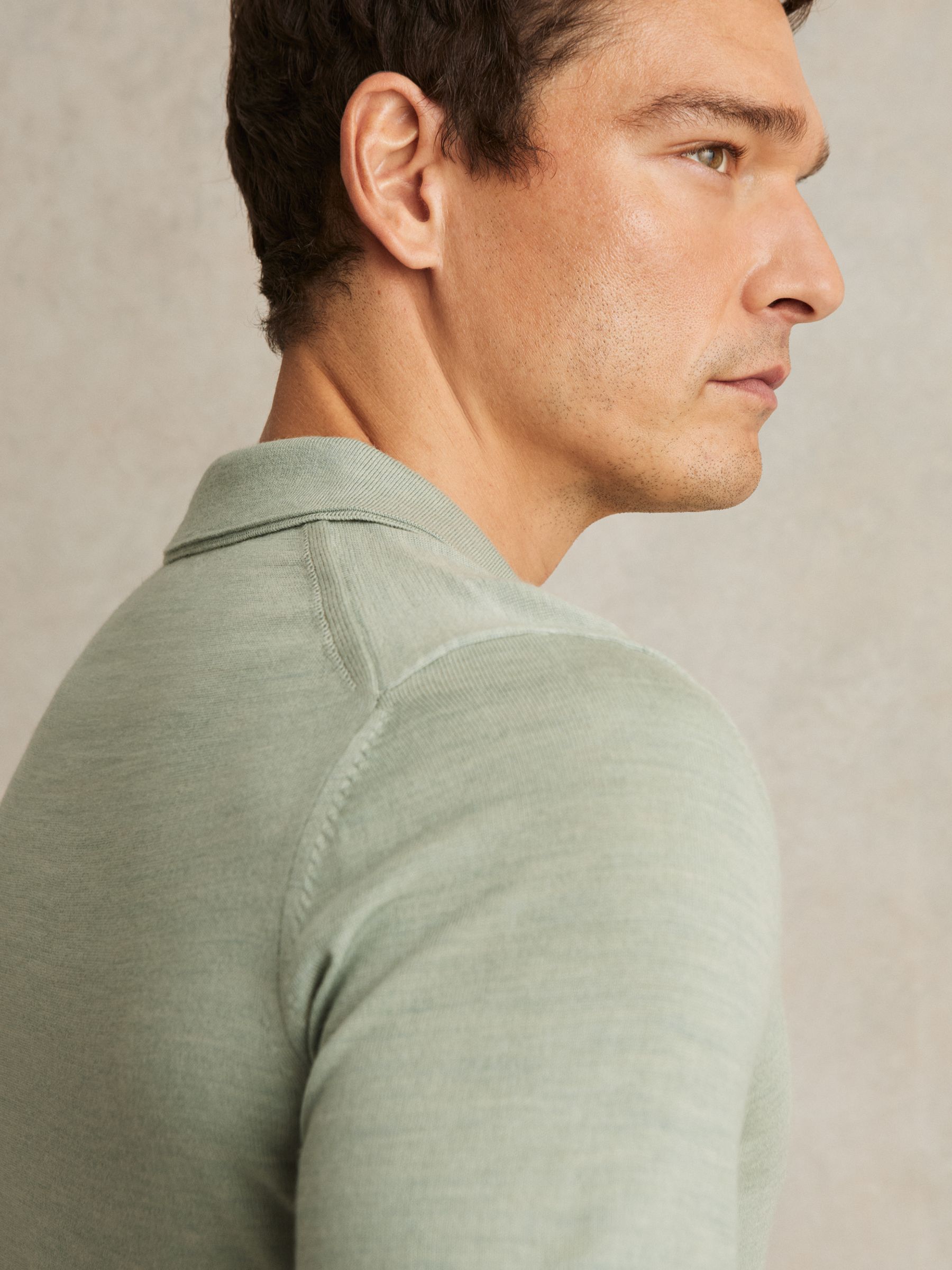 Merino Wool Open-Collar Polo Shirt in Sage Green Melange - Image 3 of 6