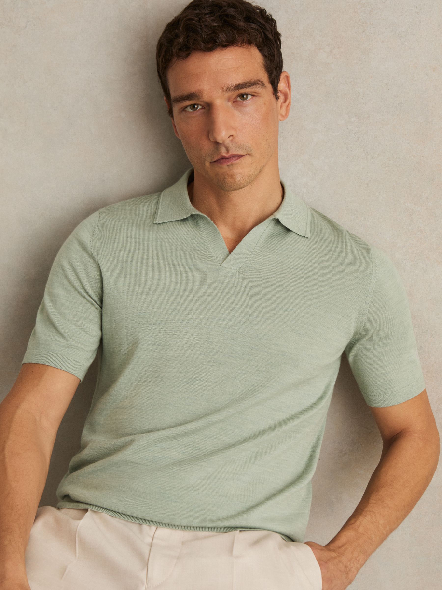 Merino Wool Open-Collar Polo Shirt in Sage Green Melange - Image 4 of 6
