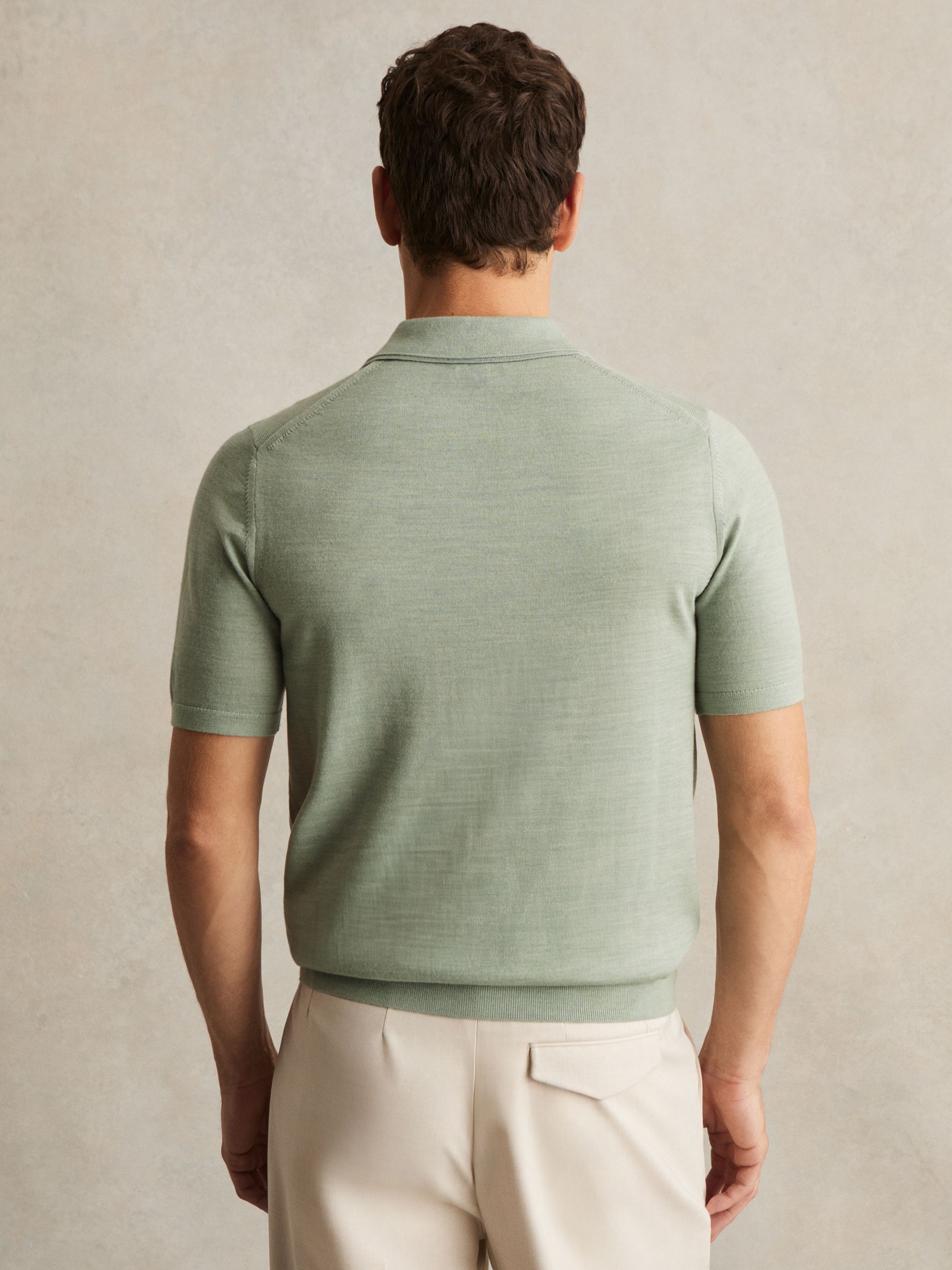 Merino Wool Open-Collar Polo Shirt in Sage Green Melange - Image 5 of 6