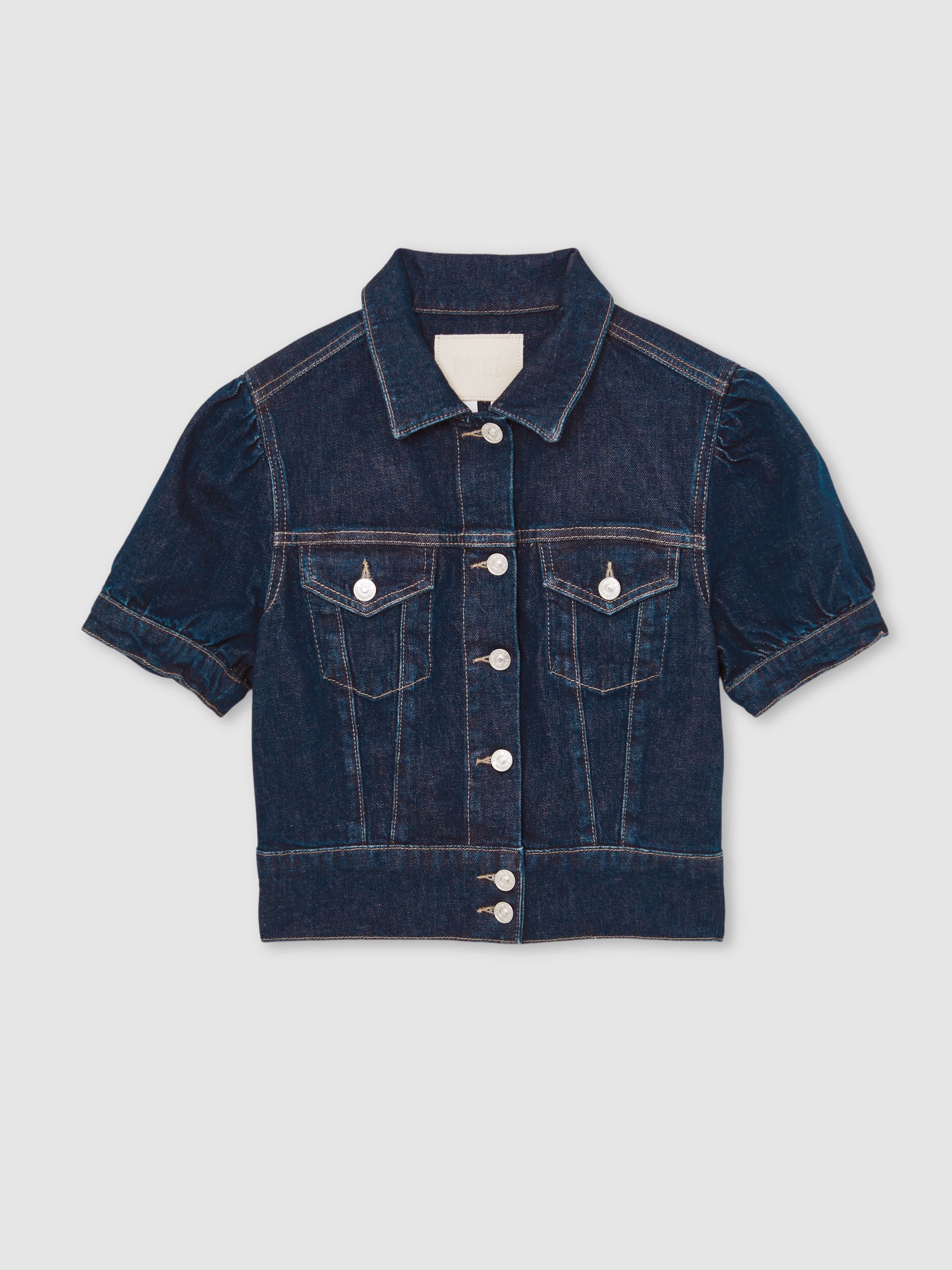 Paige Puff-Sleeve Short Denim Jacket in Emberlynn Blue - Image 2 of 5