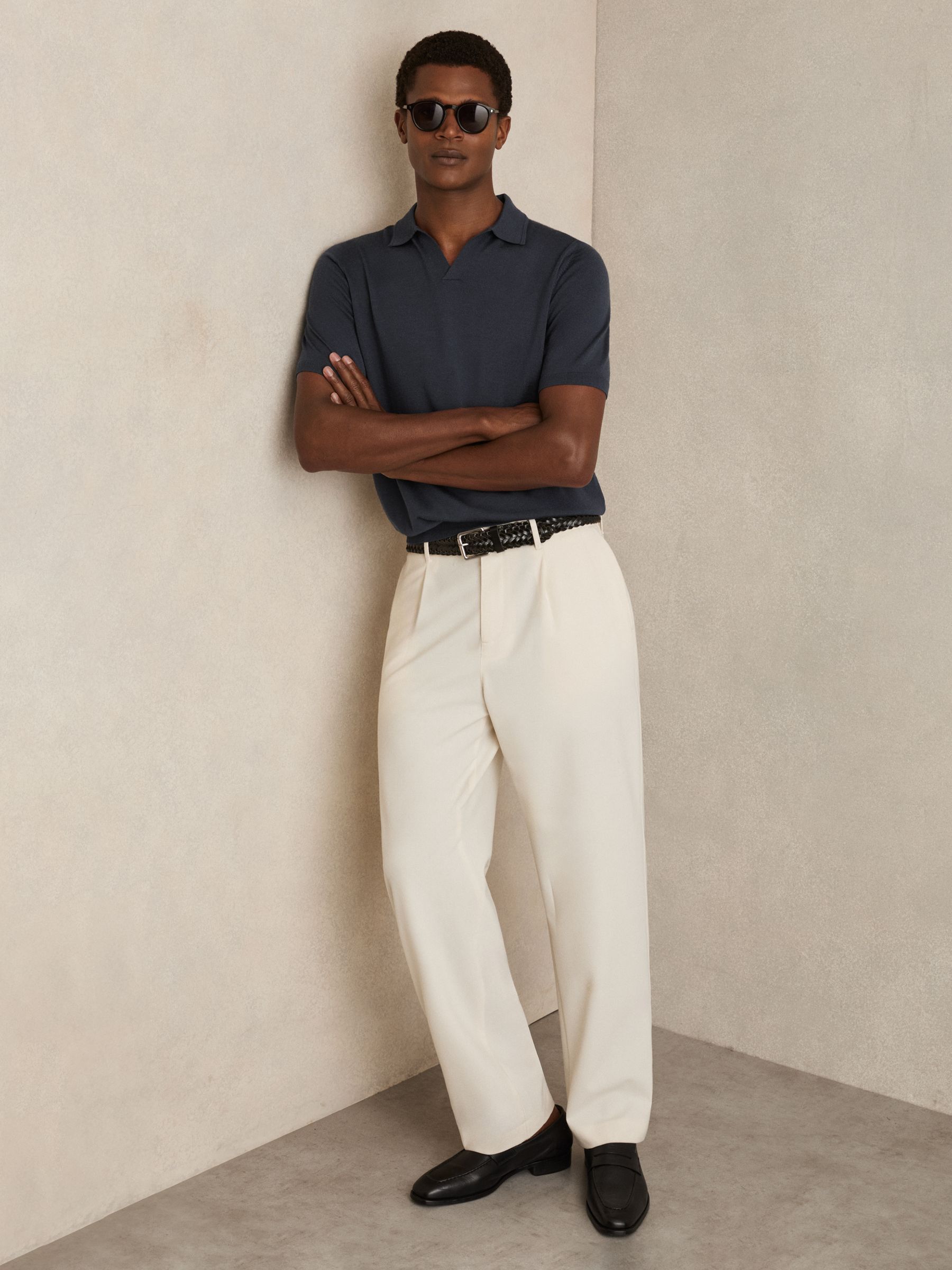 Merino Wool Open-Collar Polo Shirt in Midnight Navy - Image 3 of 6