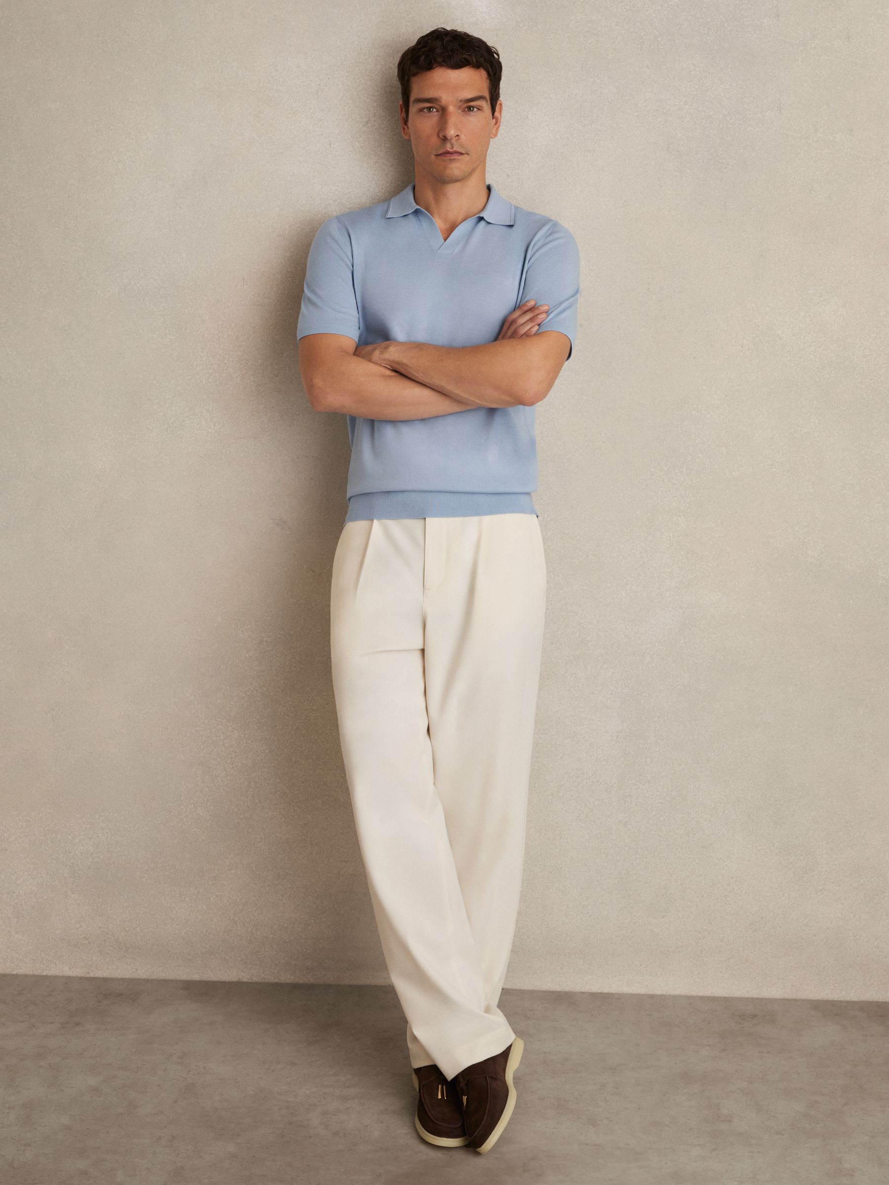 Merino Wool Open-Collar Polo Shirt in Soft Blue - Image 3 of 6