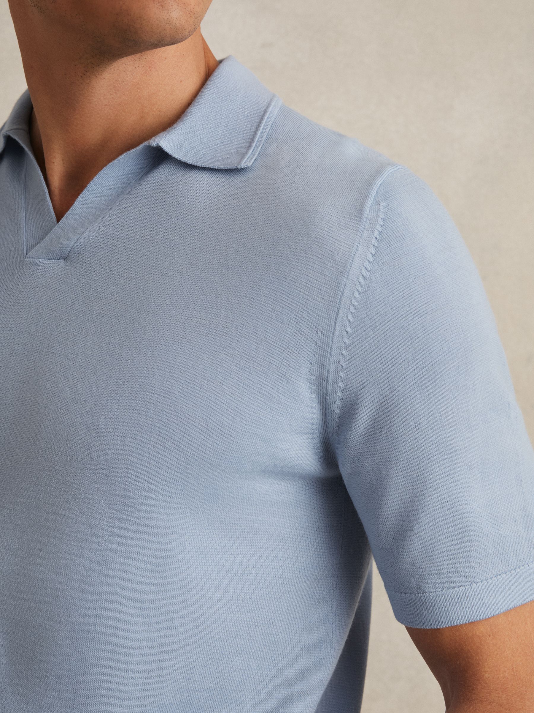 Merino Wool Open-Collar Polo Shirt in Soft Blue - Image 4 of 6