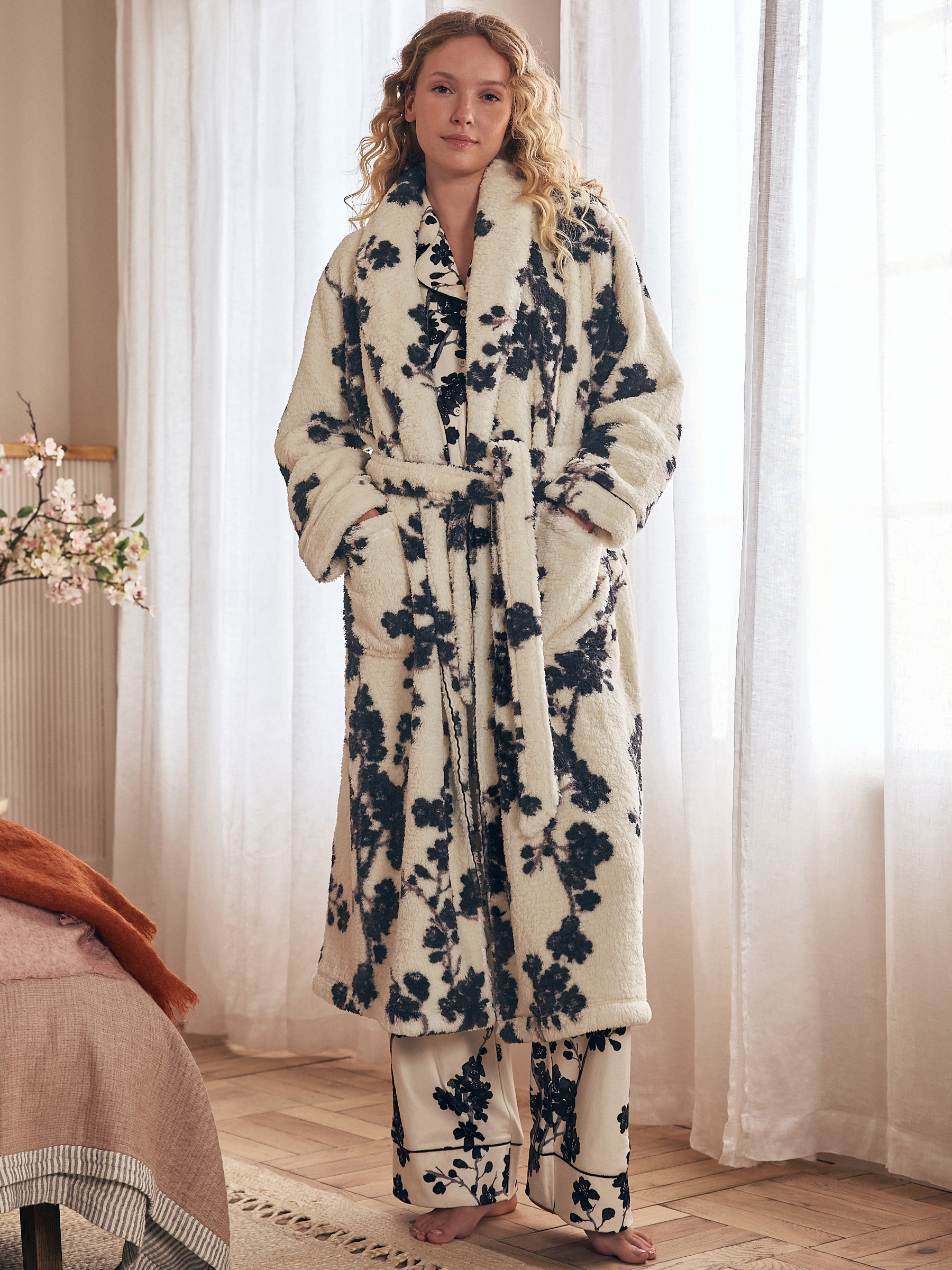 Monochrome Floral Blossom Cosy Robe - Image 1 of 5 Monochrome Floral Blossom Cosy Robe - Image 1 of 5