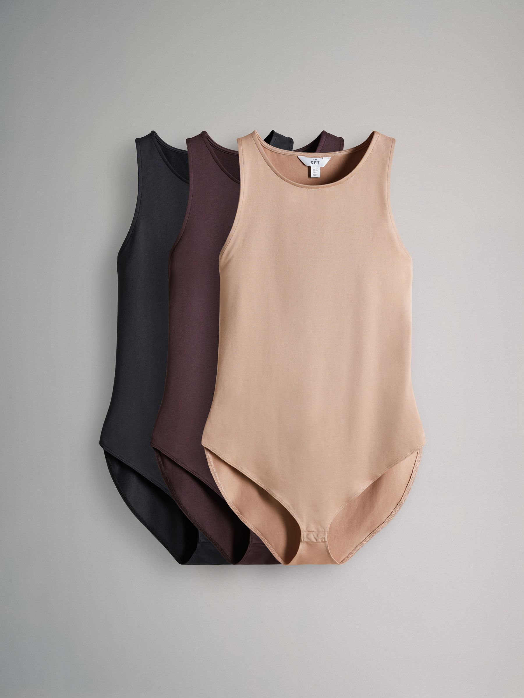 Black/Chocolate Brown/Nude - 3 Pack Soft Touch Nylon Racer Bodysuits - Image 2 of 12