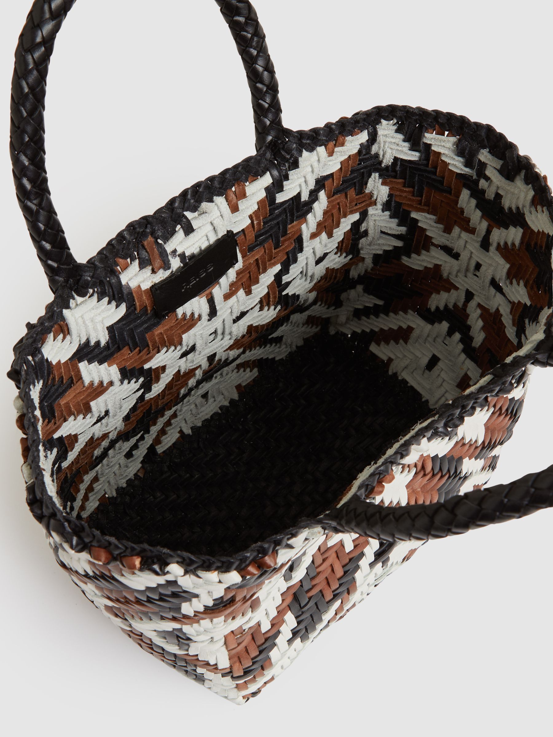 Small Leather Woven Tote Bag in Tan/White/Black - Image 4 of 6