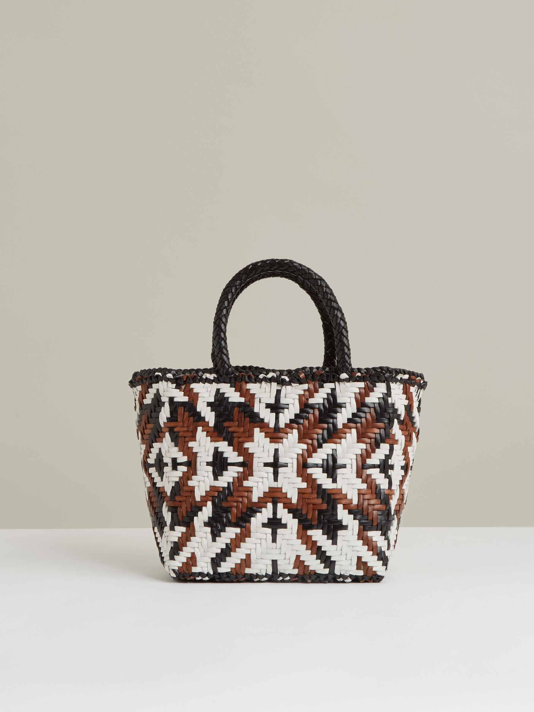 Small Leather Woven Tote Bag in Tan/White/Black - Image 5 of 6