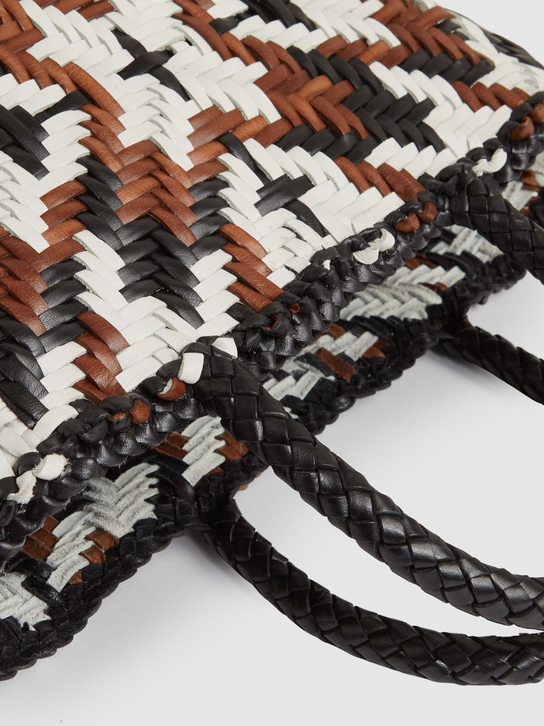 Small Leather Woven Tote Bag in Tan/White/Black - image 2