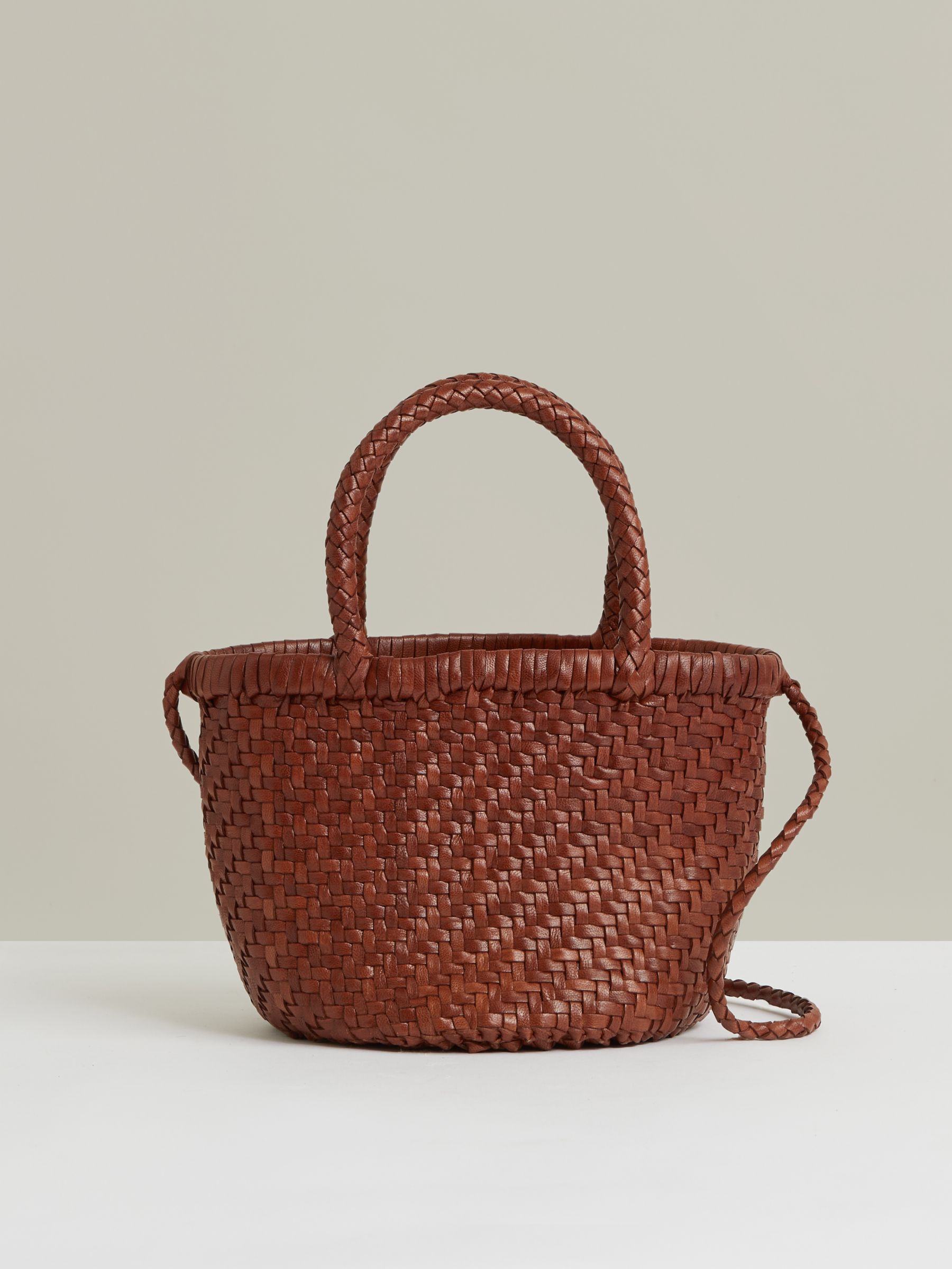 Leather Woven Mini Tote Bag in Tan - Image 1 of 6 Leather Woven Mini Tote Bag in Tan - Image 1 of 6