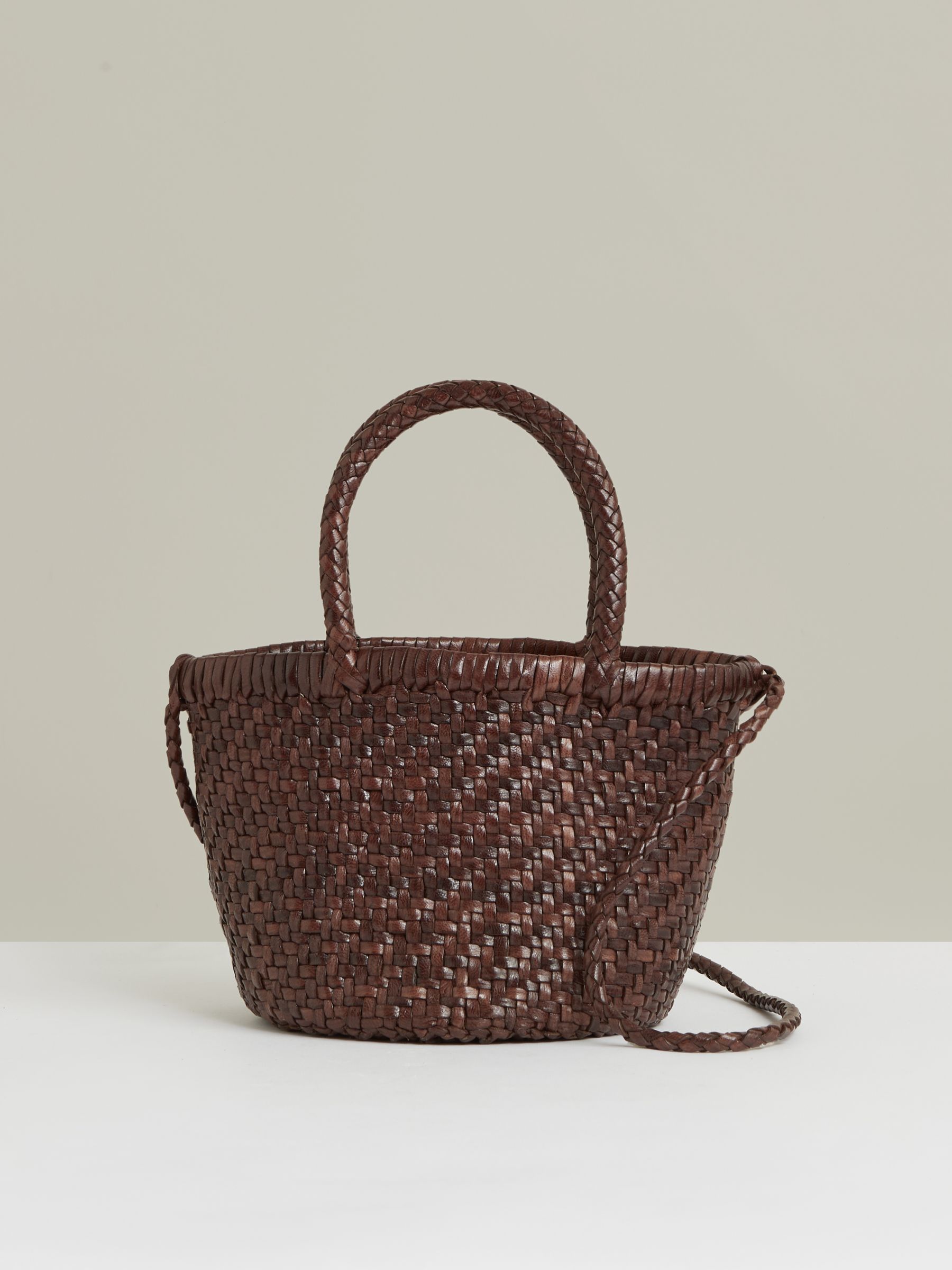 Leather Woven Mini Tote Bag in Chocolate - Image 1 of 5 Leather Woven Mini Tote Bag in Chocolate - Image 1 of 5