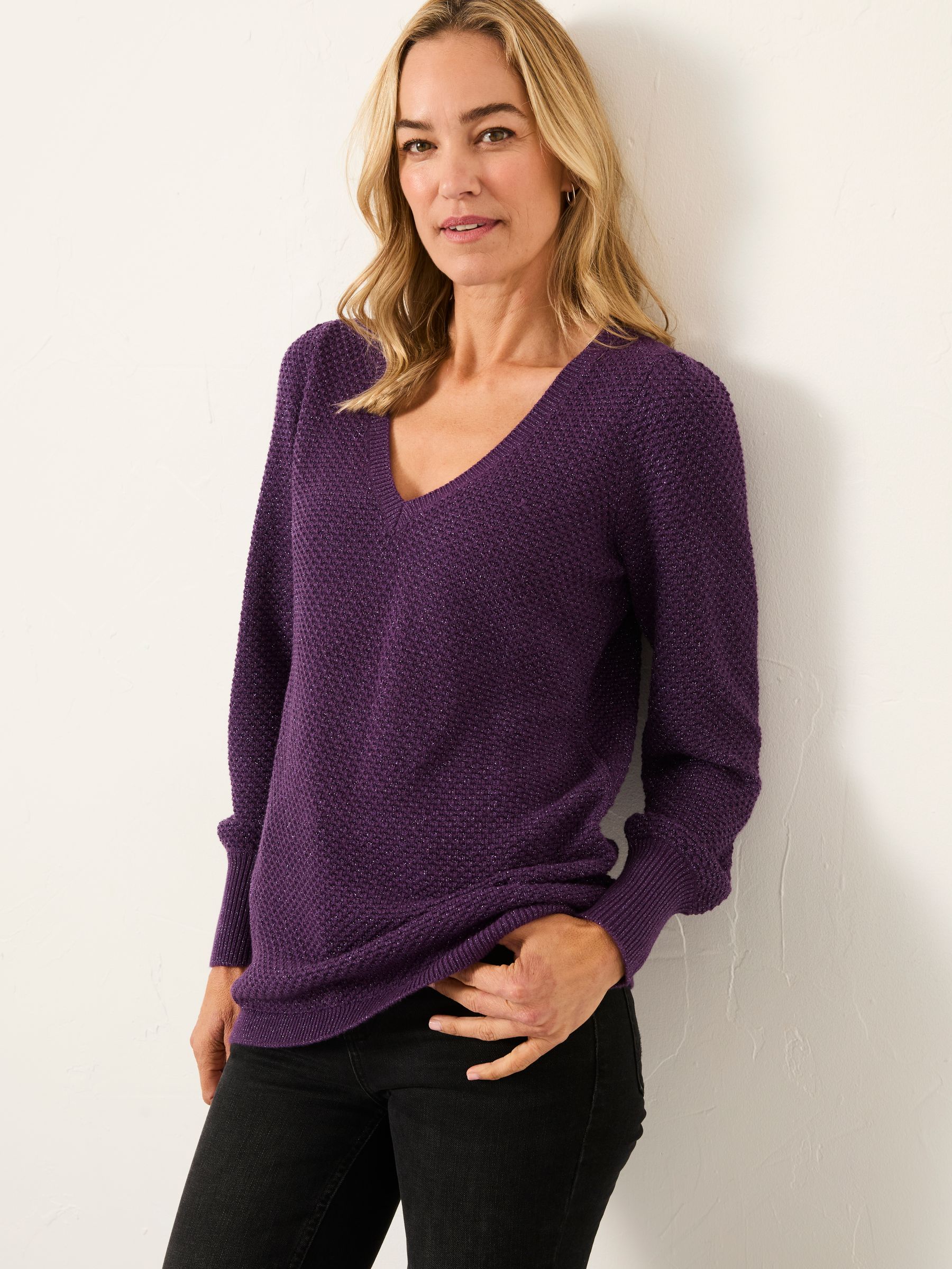 Lara Dark Purple Sparkle Knitted V- Neck Tunic Jumper | FatFace