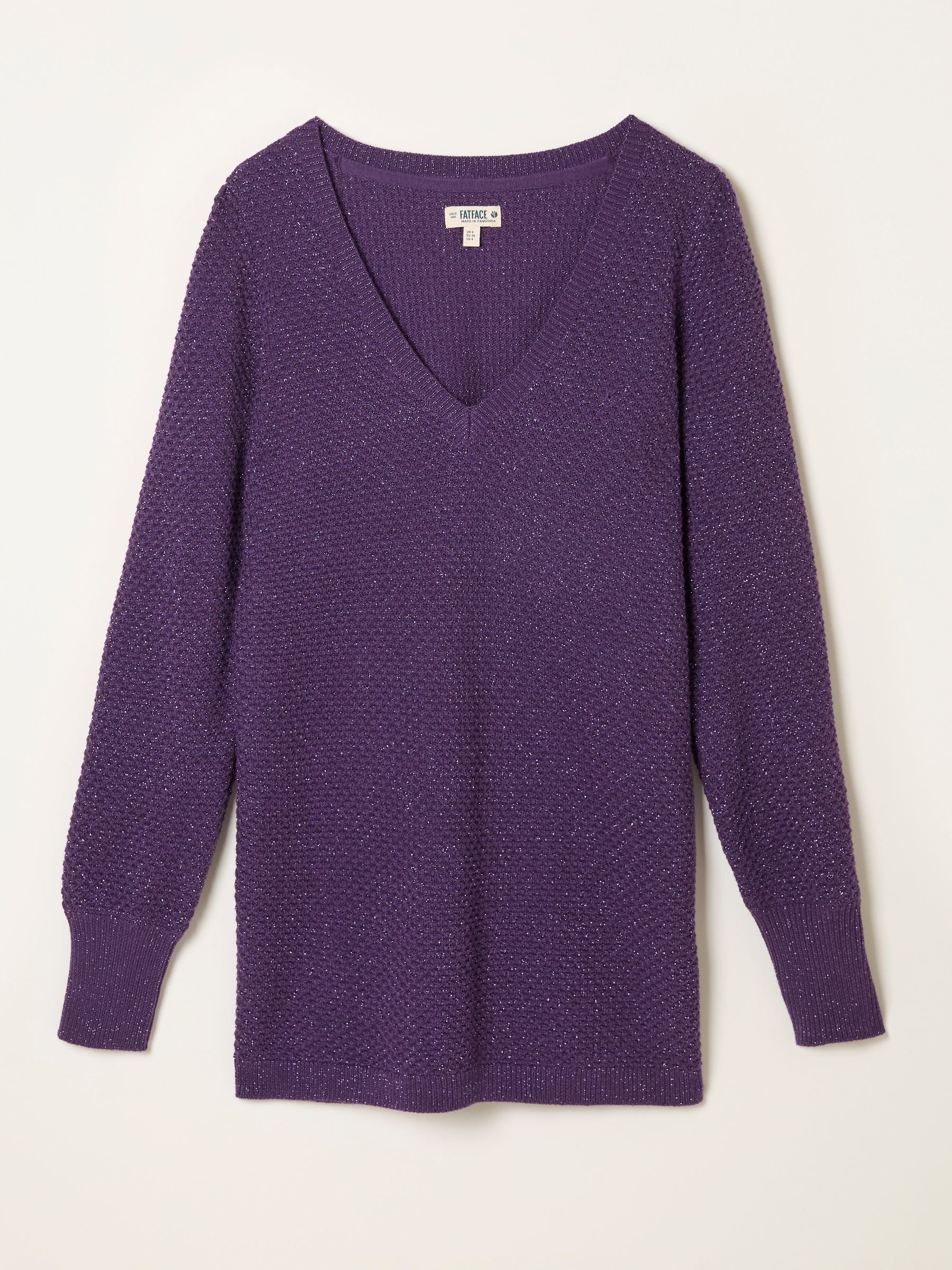 Lara Dark Purple Sparkle Knitted V- Neck Tunic Jumper | FatFace USA