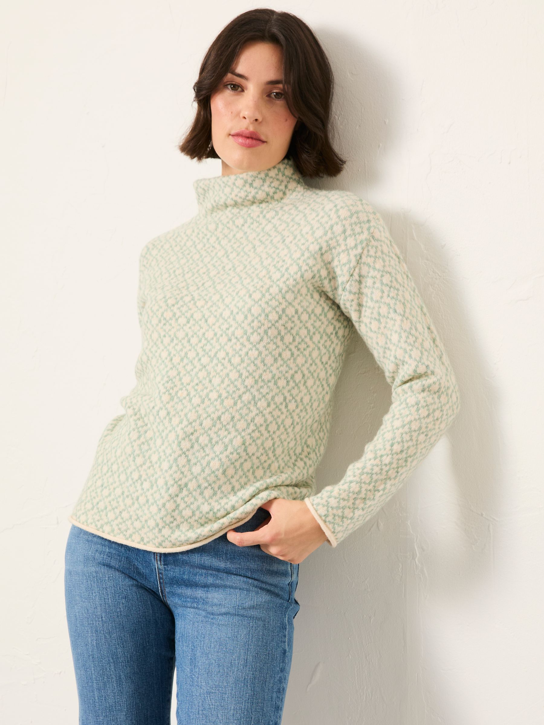 Skye Mint Green Knitted Pattern High Neck Jumper - Image 1 of 6