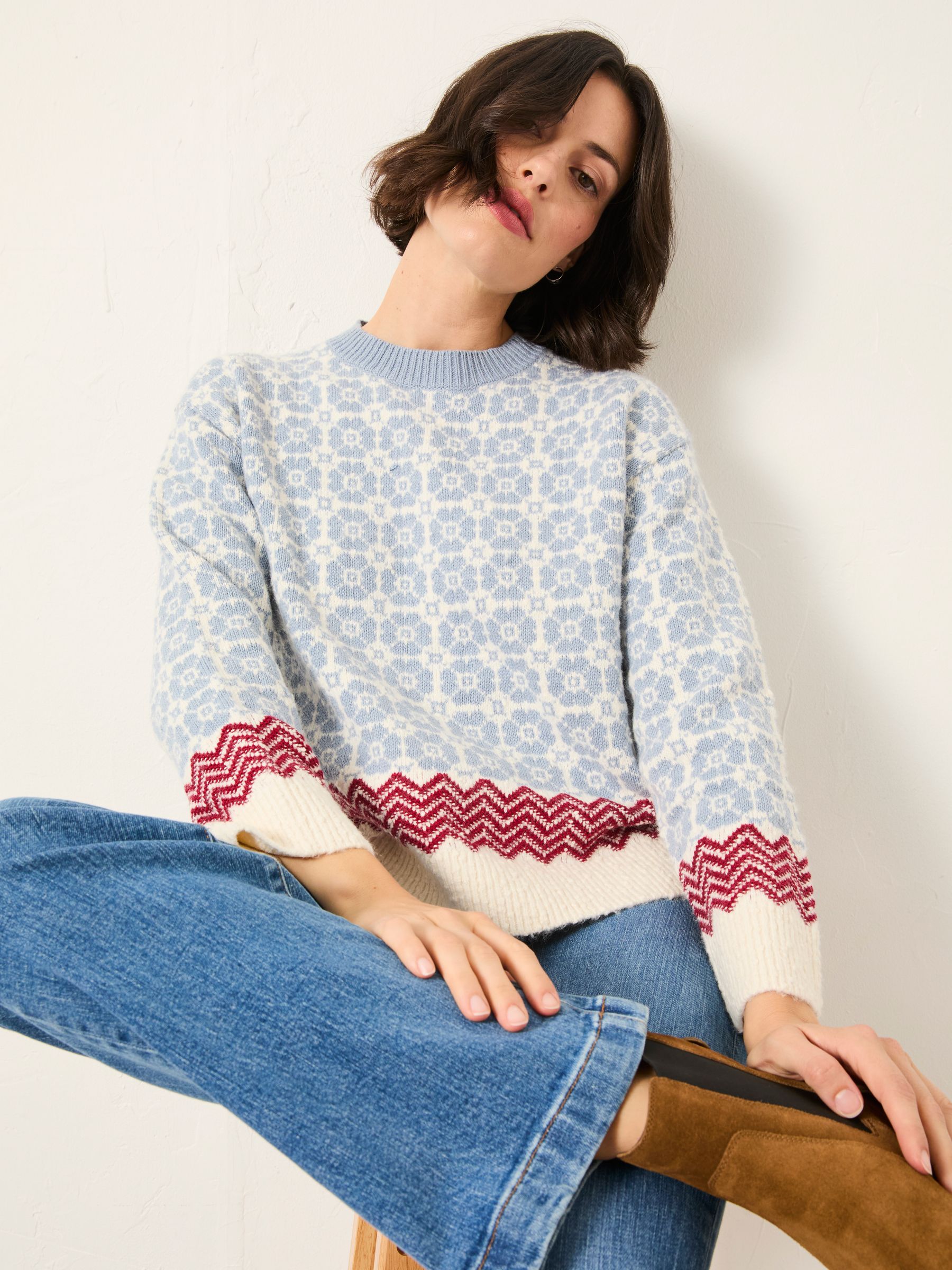 Chalet Pale Blue Knitted Fairisle Crew Neck Jumper | FatFace USA