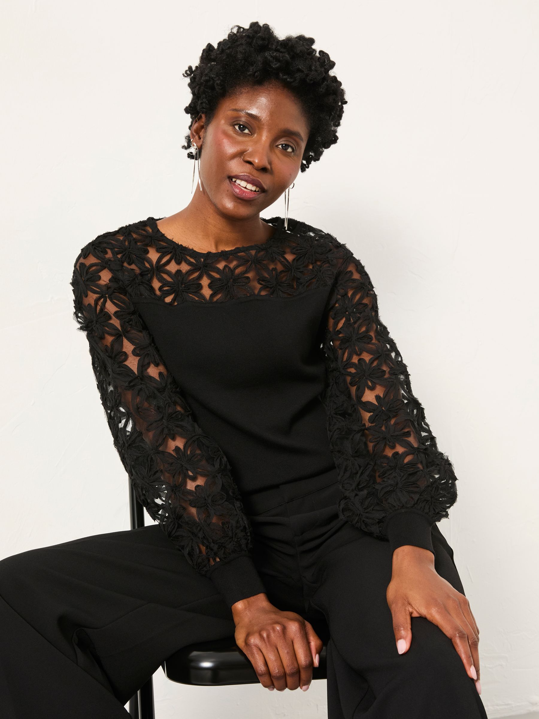 Black Lace Insert Knitted Crew Neckline Top | FatFace USA