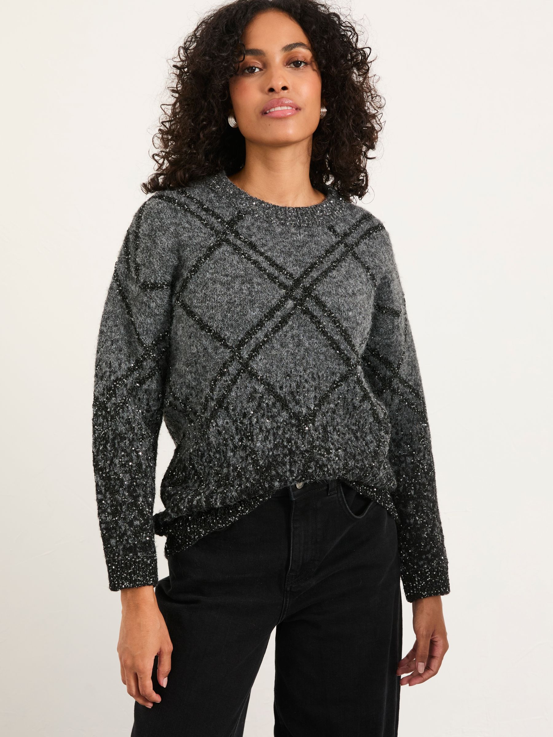 Sequin Knitted Fluffy Crew Neck Jumper