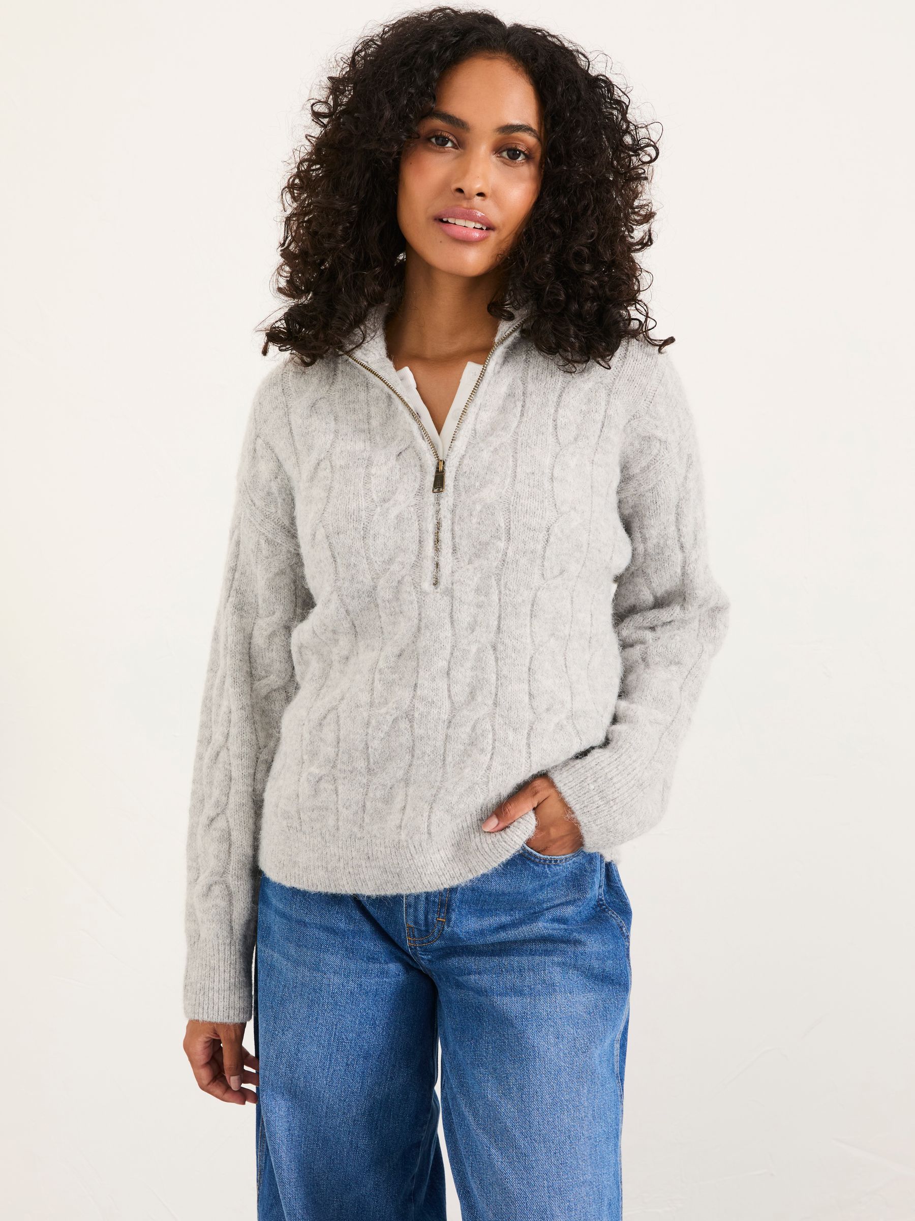 Zoe Light Grey Zip Half Neck Cable Knitted Jumper - Image 1 of 6