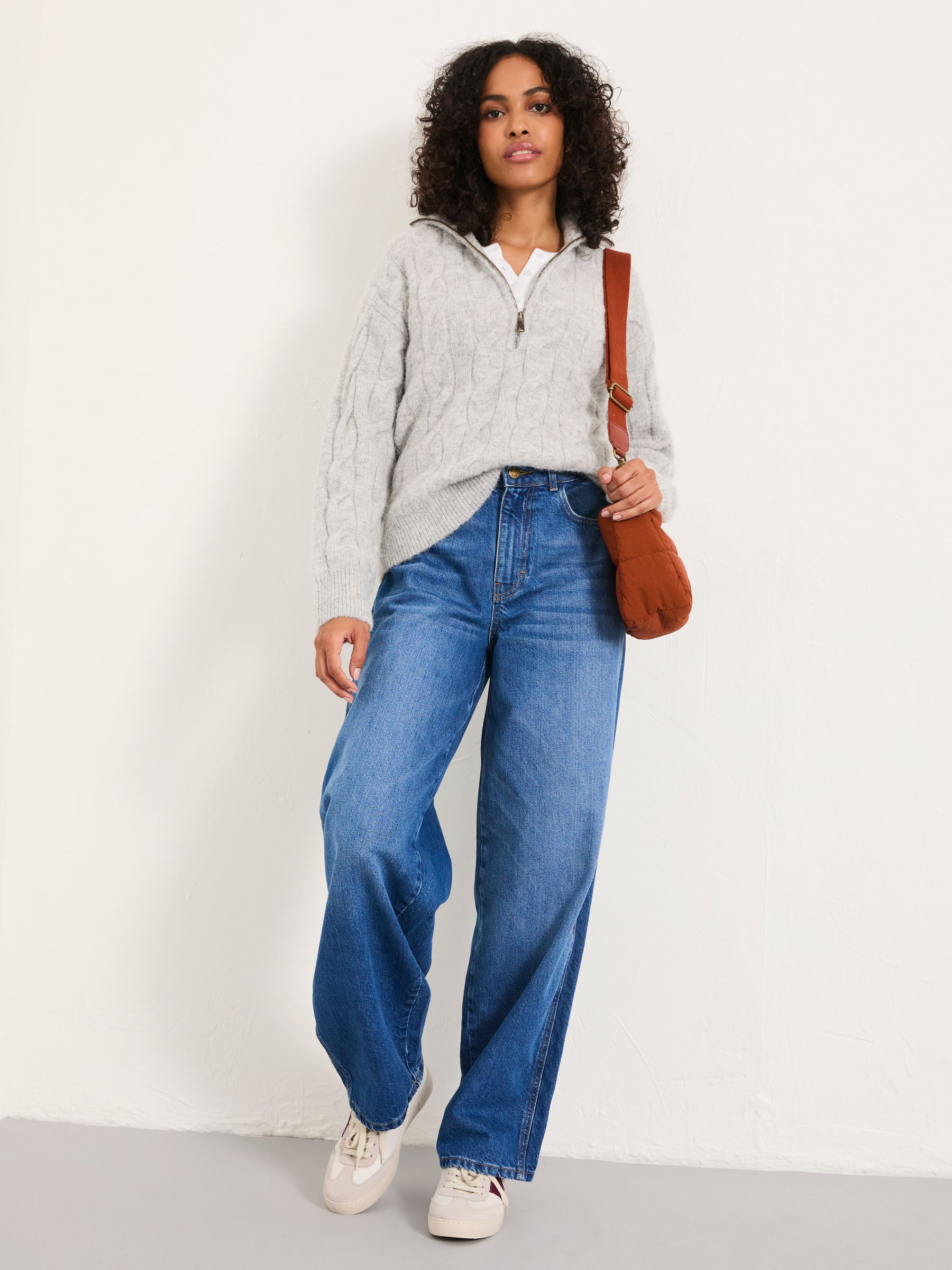Zoe Light Grey Zip Half Neck Cable Knitted Jumper | FatFace