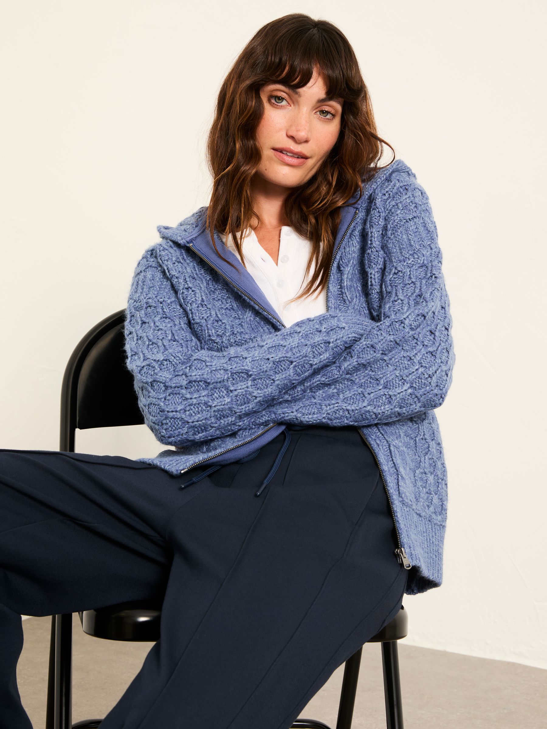 Casey Blue Knitted Cable Hoodie | FatFace USA