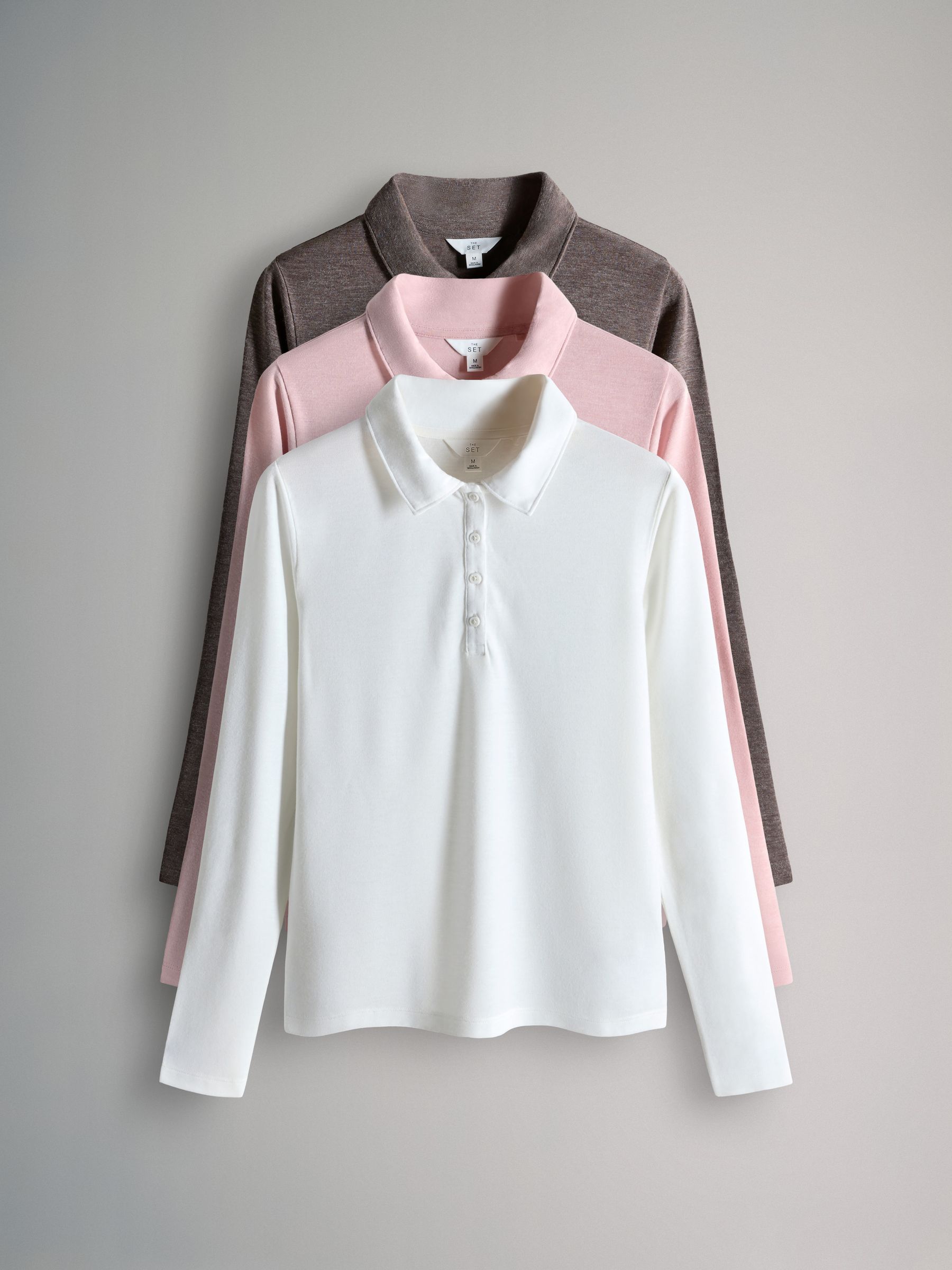 Brown/Pink/Cream - 3 Pack Long Sleeve 100% Cotton Slub Polo T-Shirts - Image 1 of 6